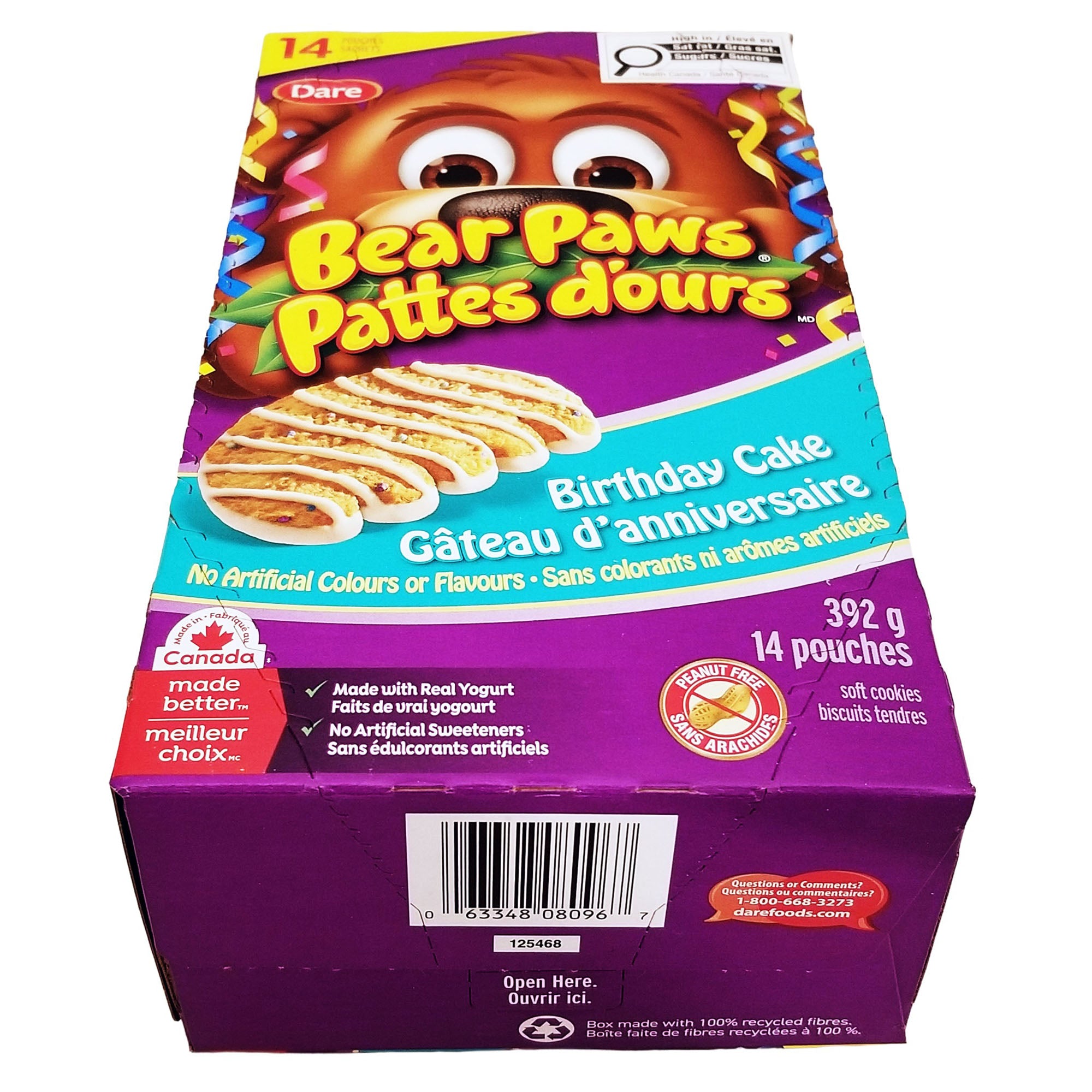Bear Paws Birthday Cake Cookies 14-pouch box tilted to show the front and bottom barcode.
