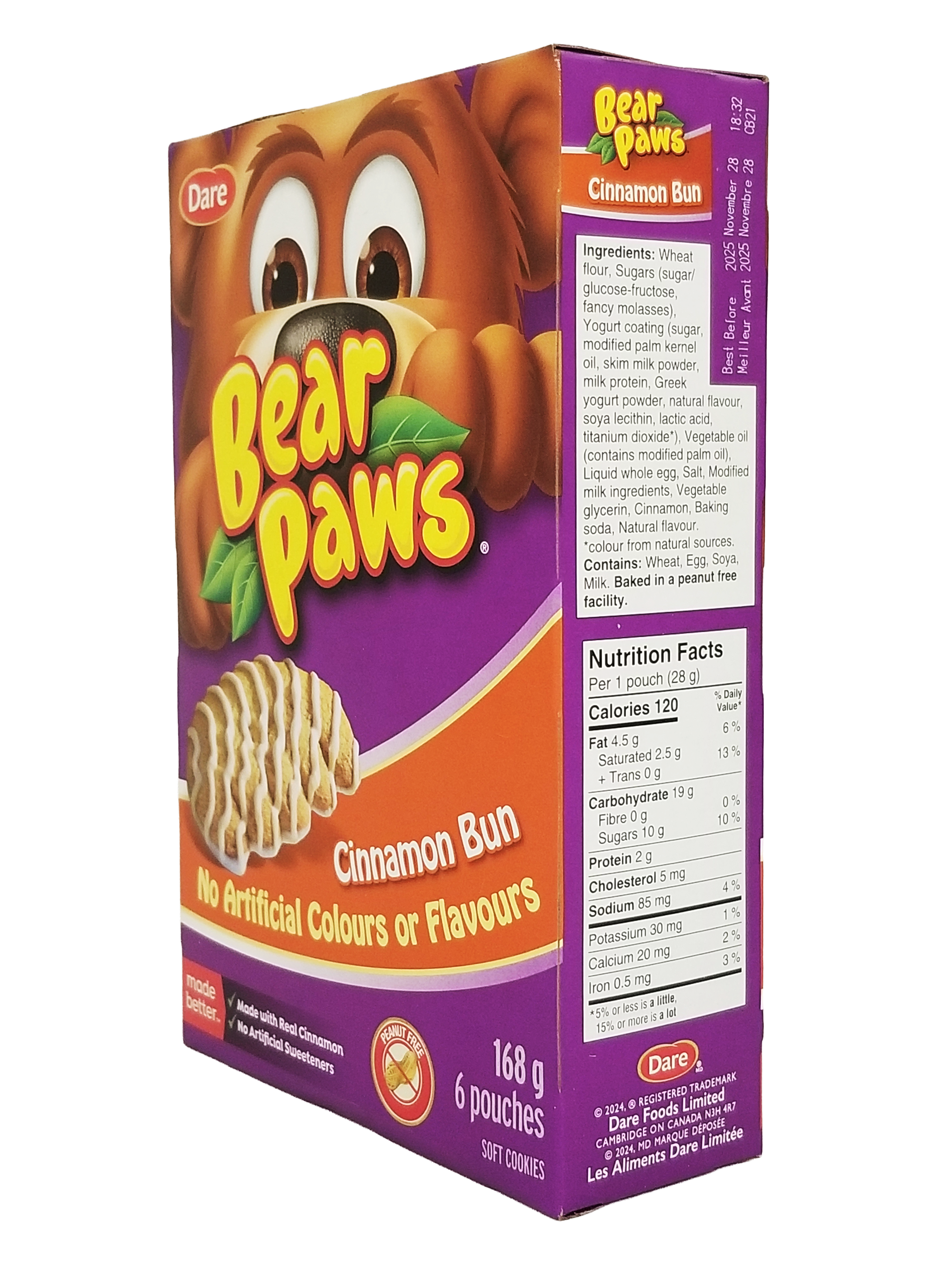 Box of Bear Paws Cinnamon Bun Cookies, 168g/5.9 oz with a cartoon bear design on a white background