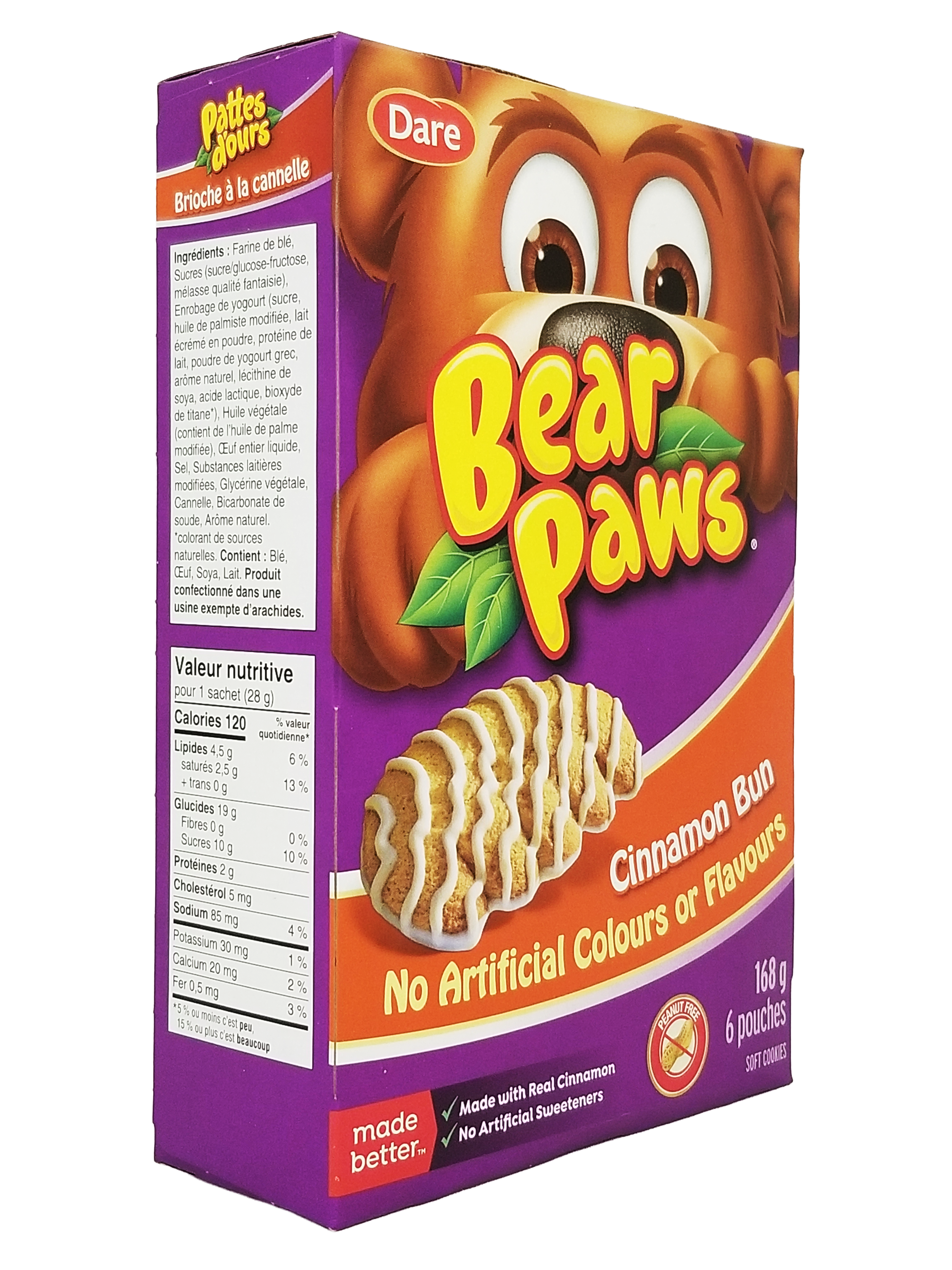 Box of Bear Paws Cinnamon Bun Cookies, 168g/5.9 oz with a cartoon bear design on a white background