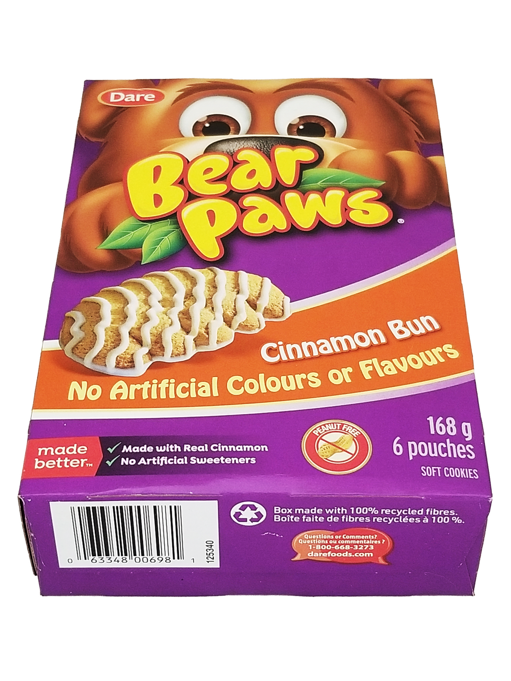 Box of Bear Paws Cinnamon Bun Cookies, 168g/5.9 oz with a purple and orange design.