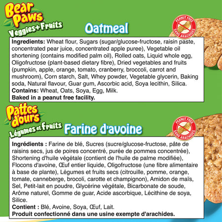 Bear Paws Fruit & Veggies Oatmeal Cookies, 168g/5.9 oz. Ingredients