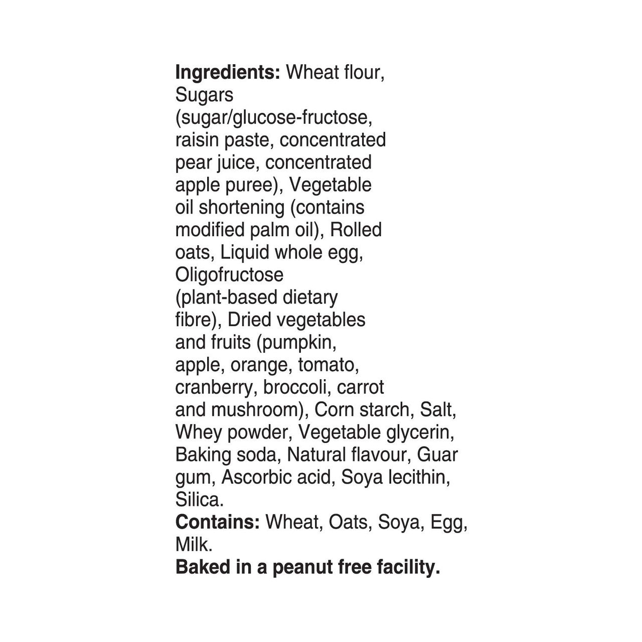 Bear Paws Fruit & Veggies Oatmeal Cookies, 168g/5.9 oz. Ingredients Label