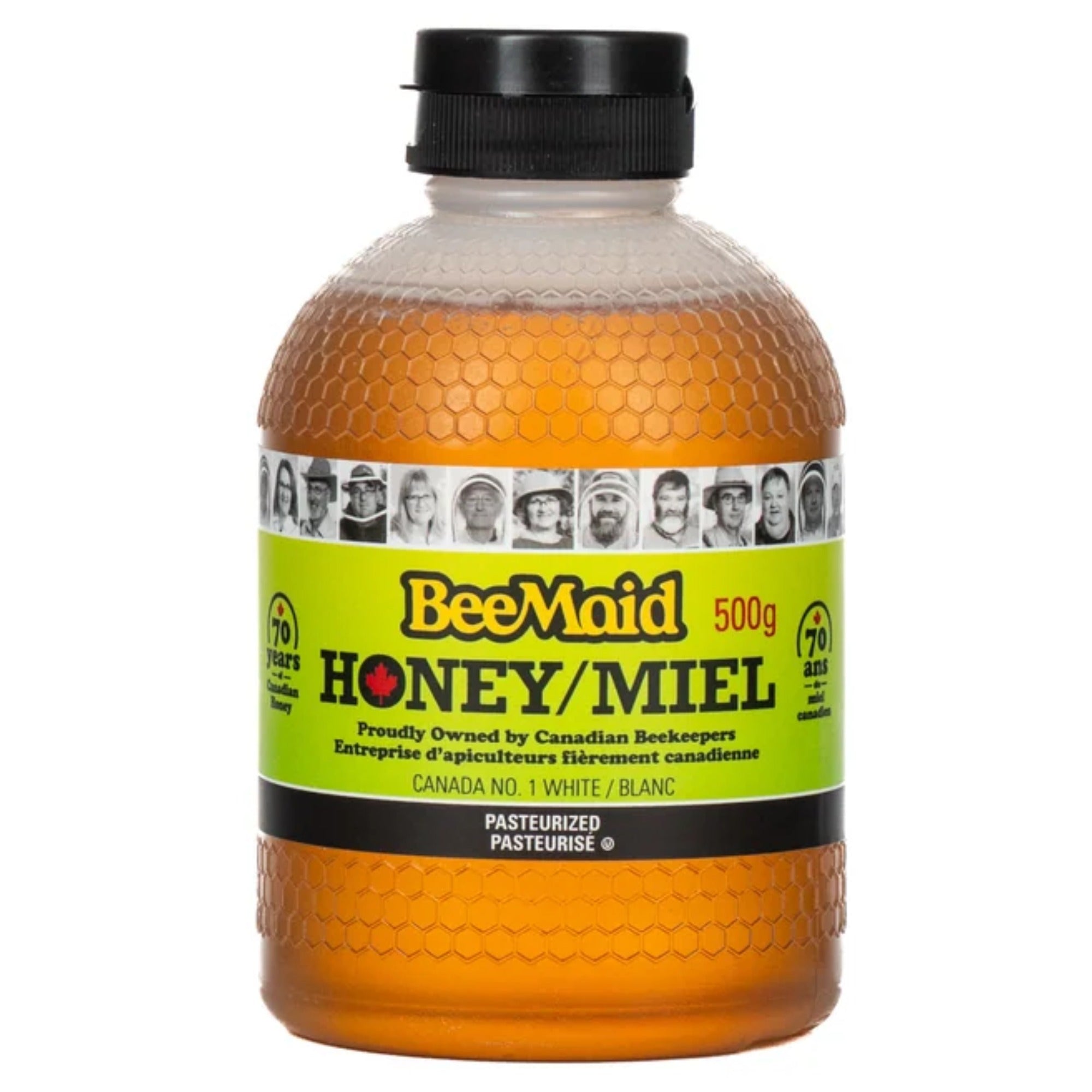 Bee Maid pasteurized liquid white honey, 500 g bottle with green label and black cap.
