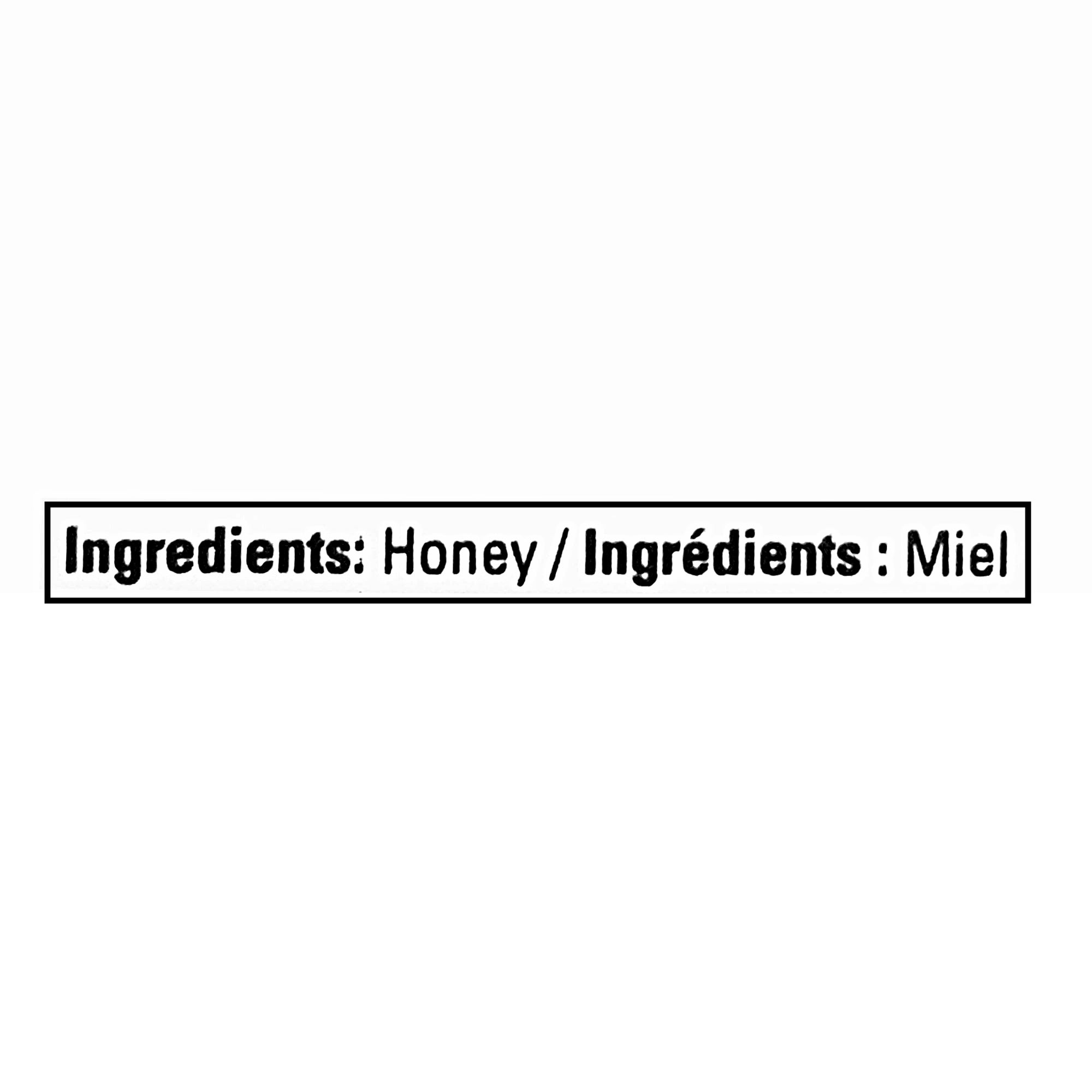 Bee Maid honey ingredients label listing honey as the only ingredient, in English and French.