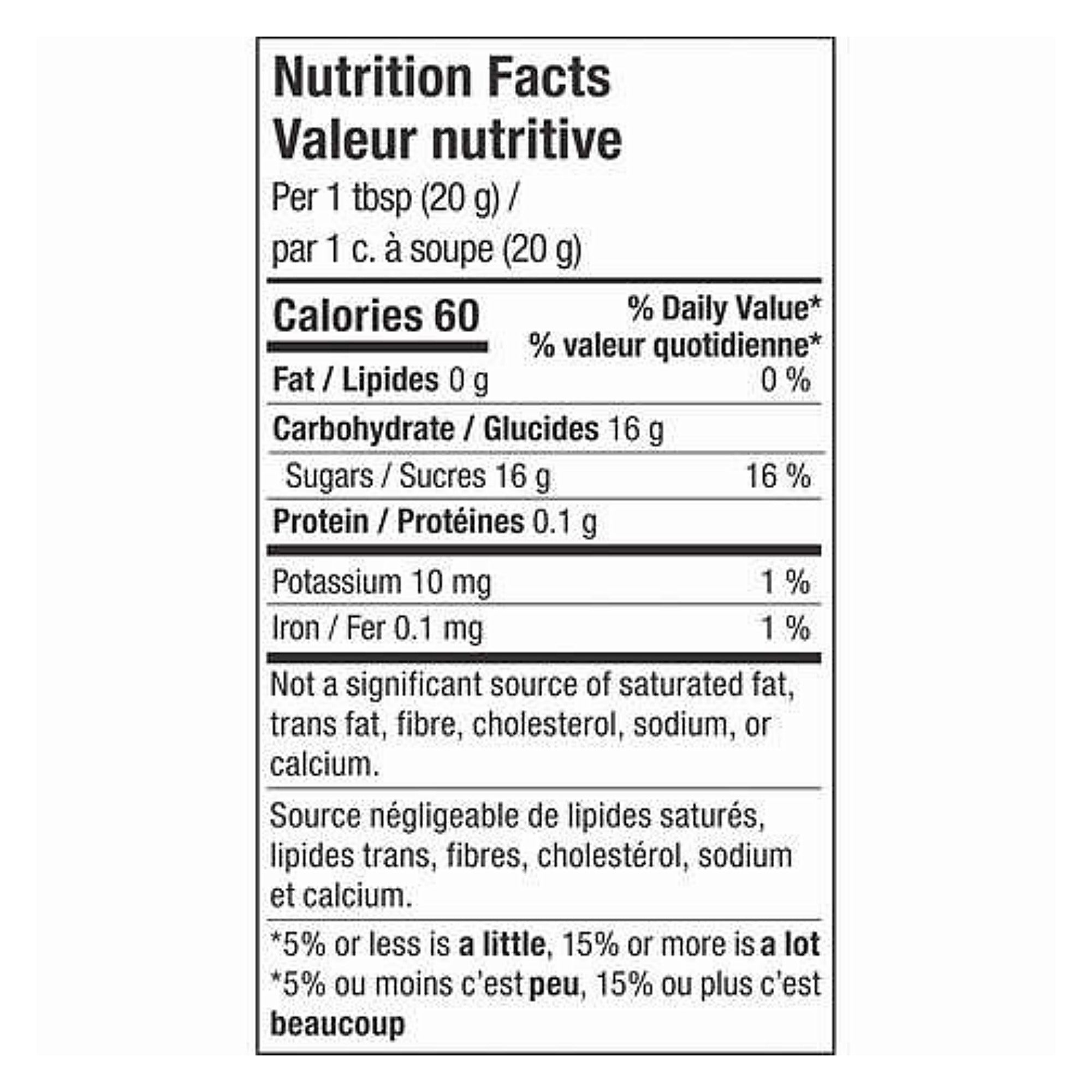 Bee Maid honey Nutrition Facts label showing 60 calories and 16 g sugars per tablespoon.