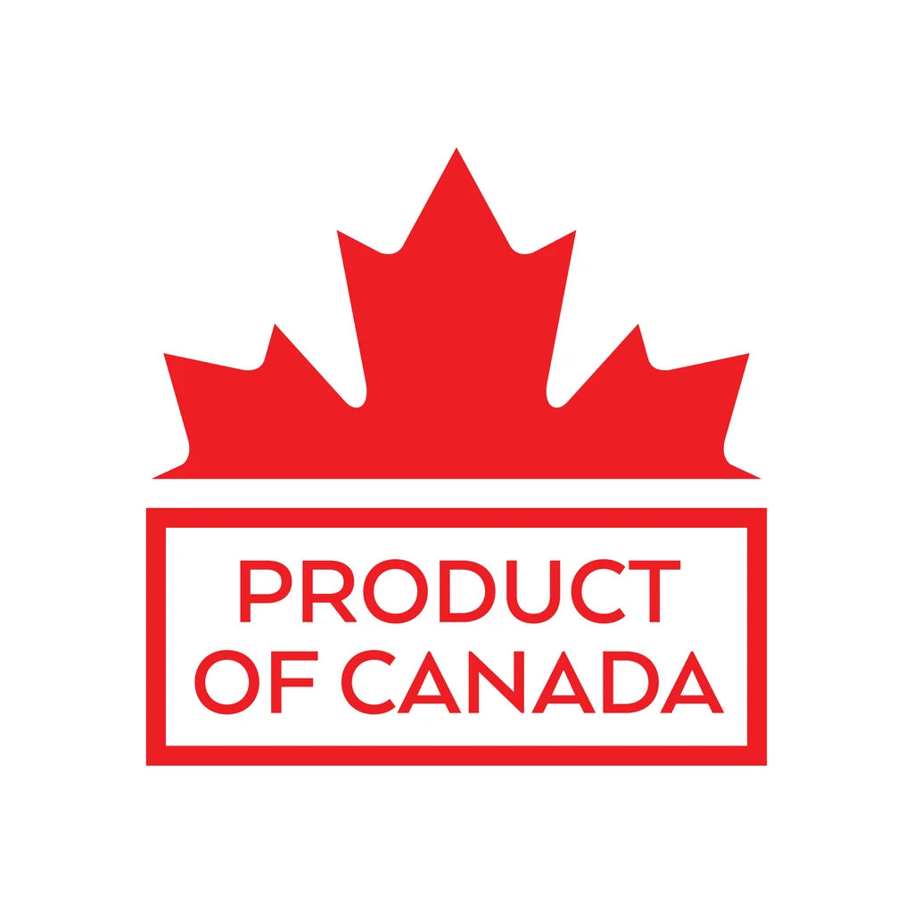 Red maple leaf above Product of Canada text.