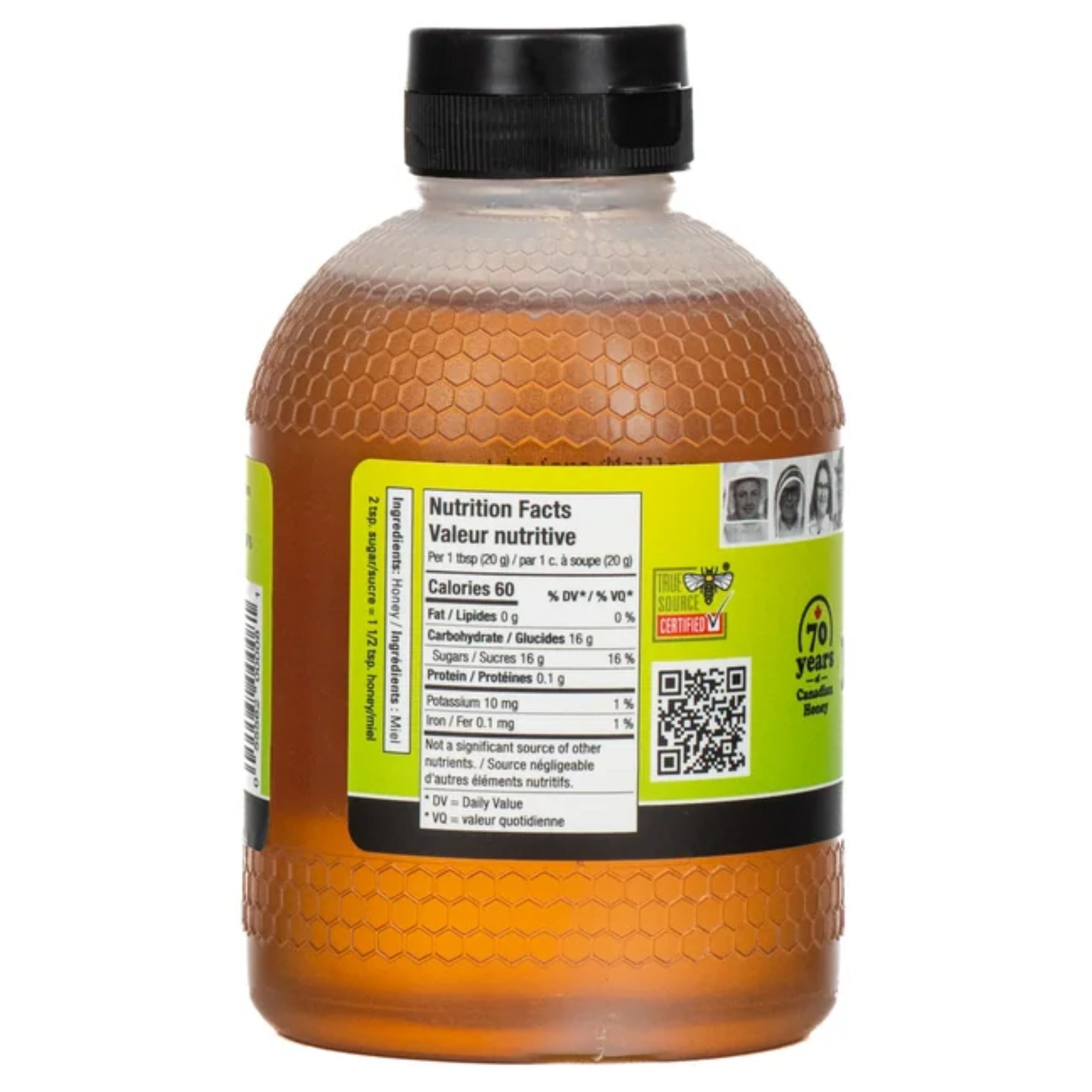 Side of Bee Maid liquid white honey bottle showing Nutrition Facts, ingredients, and QR code.