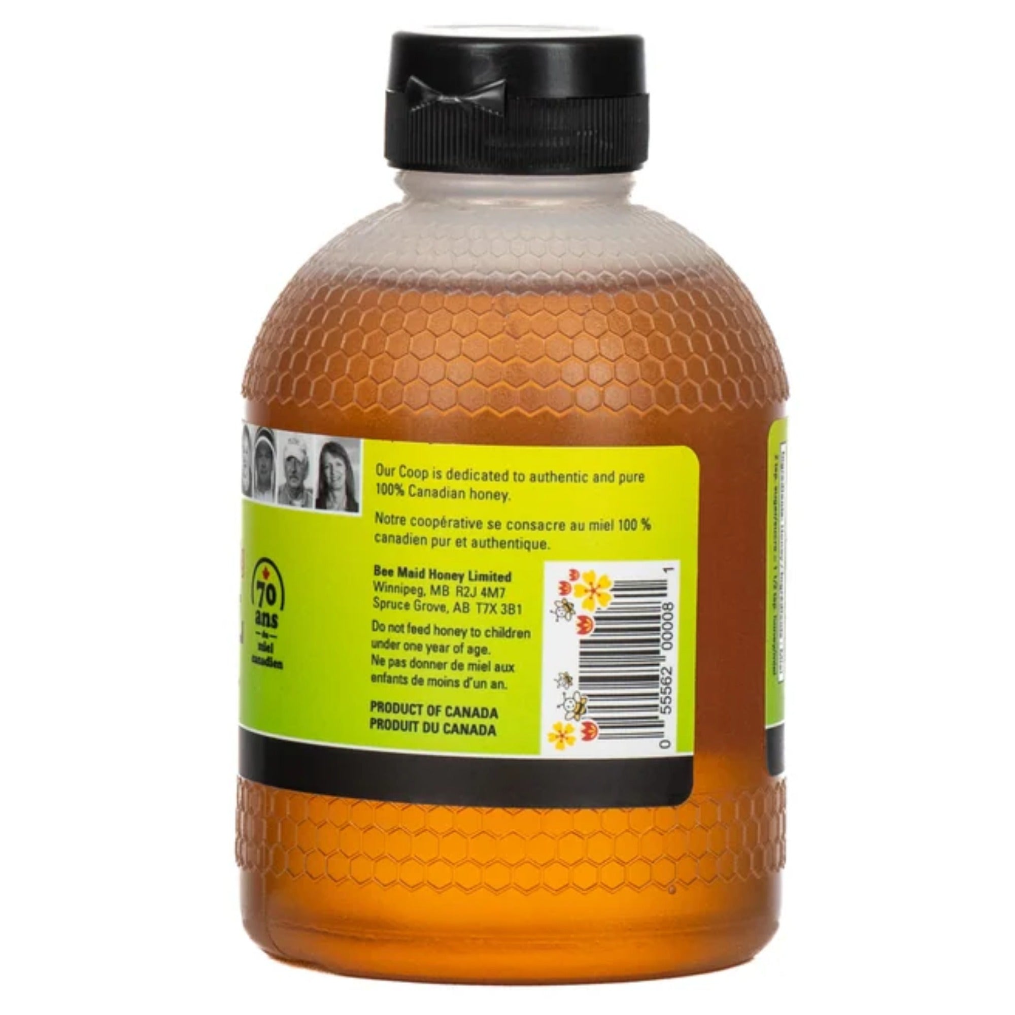 Back of Bee Maid honey bottle showing barcode, Product of Canada statement, and infant feeding warning.