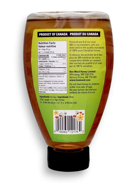 BeeMaid Honey 100% Canadian Pasteurized Pure Liquid Honey 1kg/2.2 lbs., Bottle, back of bottle.