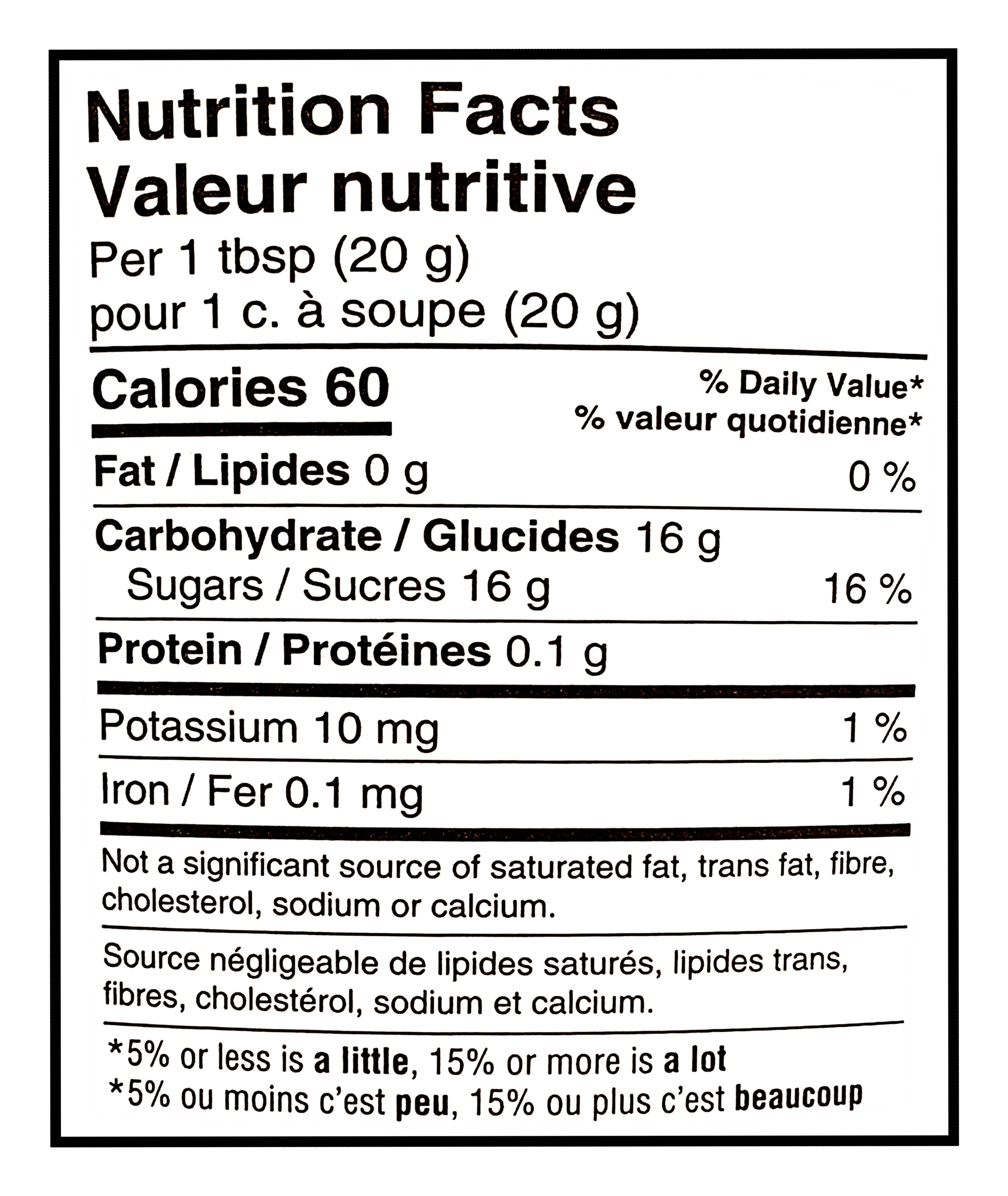 Nutrition facts label for Bee Maid Raw Honey, Natural Creamed Honey - 2kg per 1 tbsp (20 g) or 1 c. à soupe (20 g).