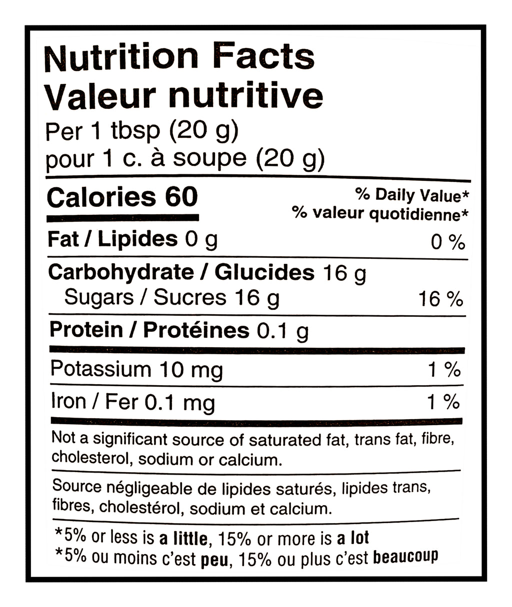Nutrition facts label for Bee Maid Raw Honey, Natural Creamed Honey - 2kg per 1 tbsp (20 g) or 1 c. à soupe (20 g).
