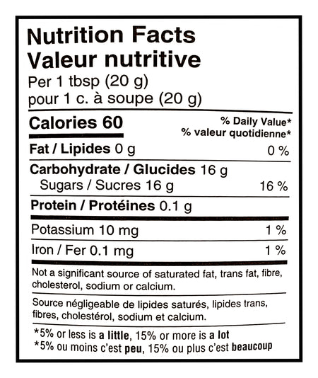 Nutrition facts label for Bee Maid Raw Honey, Natural Creamed Honey - 2kg per 1 tbsp (20 g) or 1 c. à soupe (20 g).