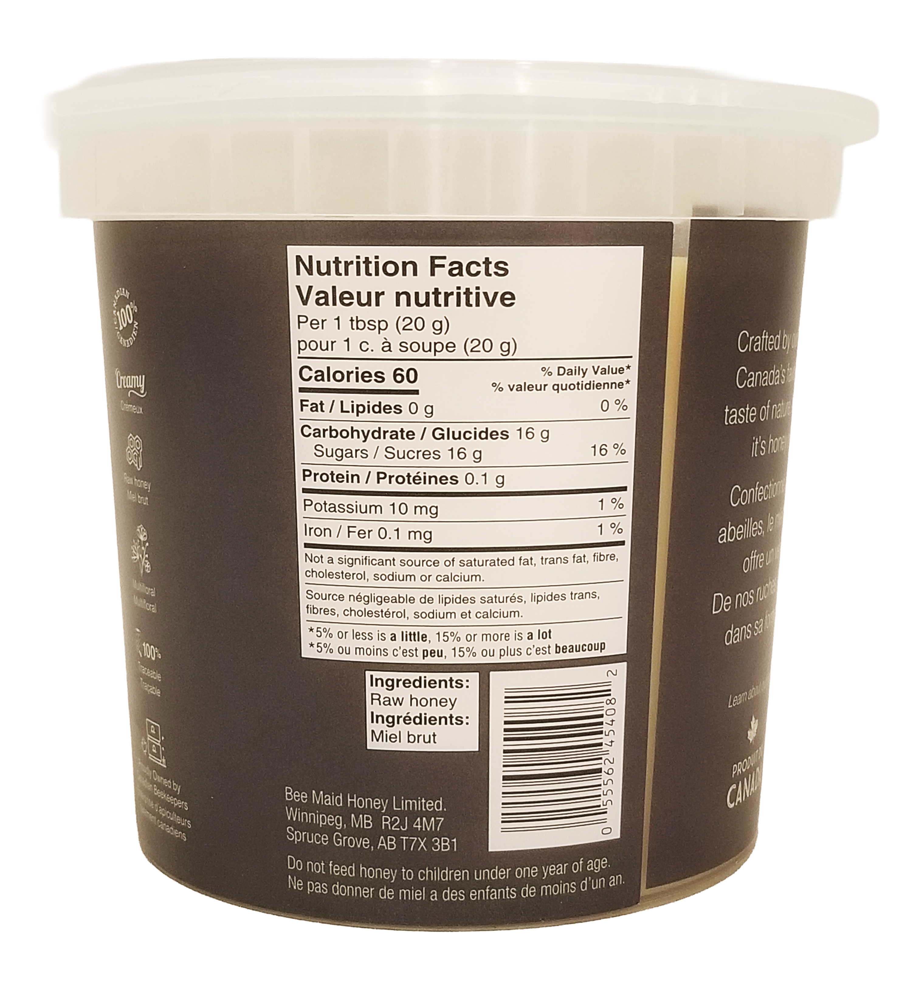 Back of Bee Maid Raw Honey, Natural Creamed Honey - 2kg container with nutrition facts label and ingredient list.