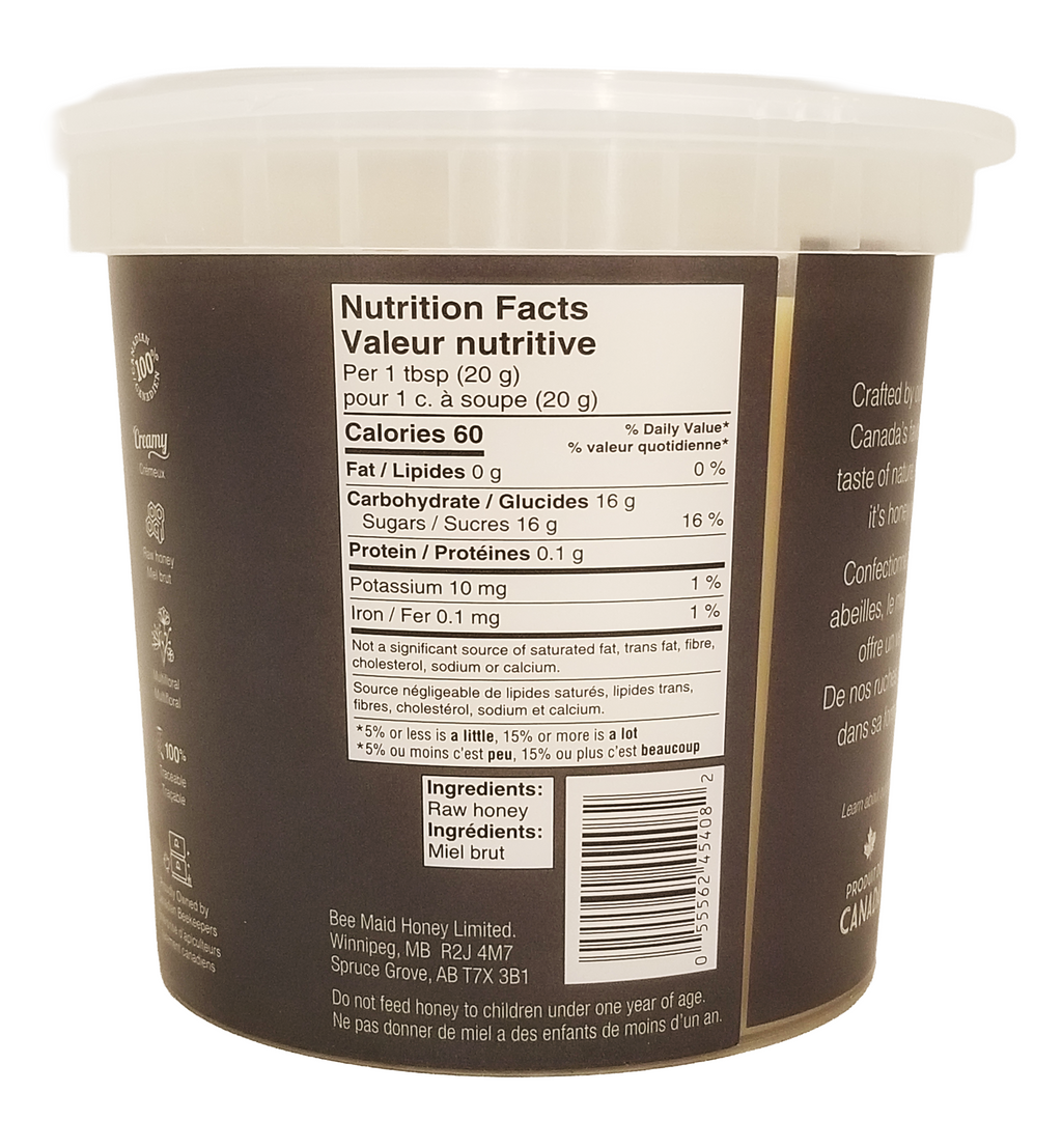 Back of Bee Maid Raw Honey, Natural Creamed Honey - 2kg container with nutrition facts label and ingredient list.