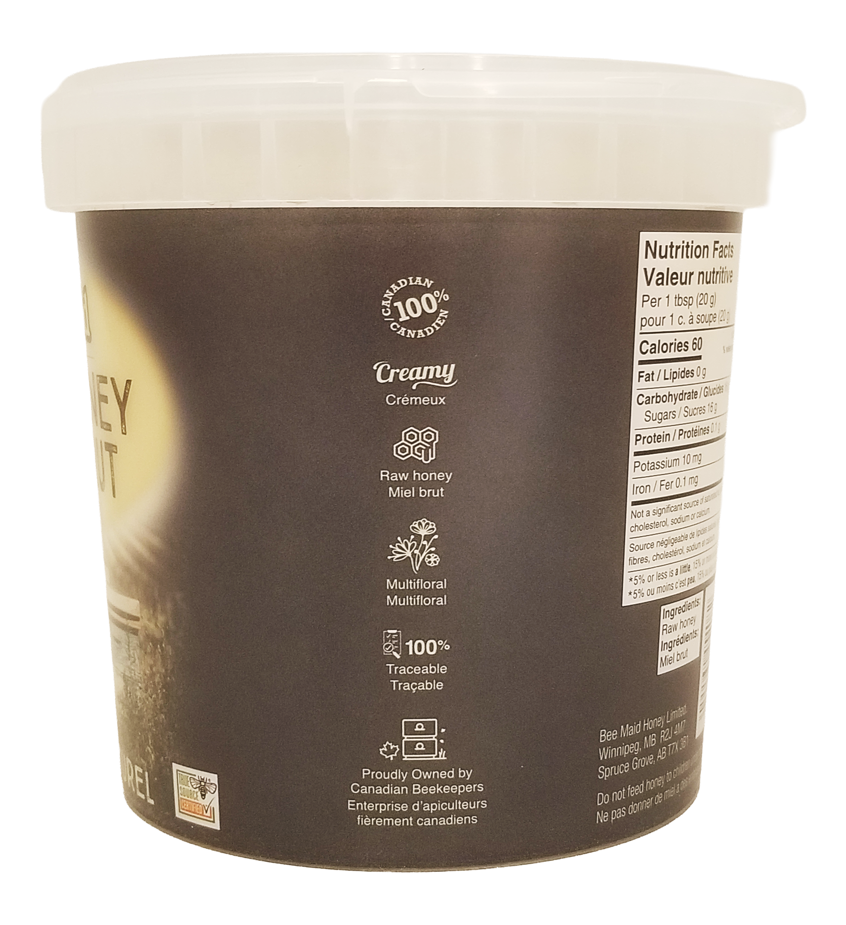 Container of Bee Maid Raw Honey, Natural Creamed Honey - 2kg with nutritional information label on a white background