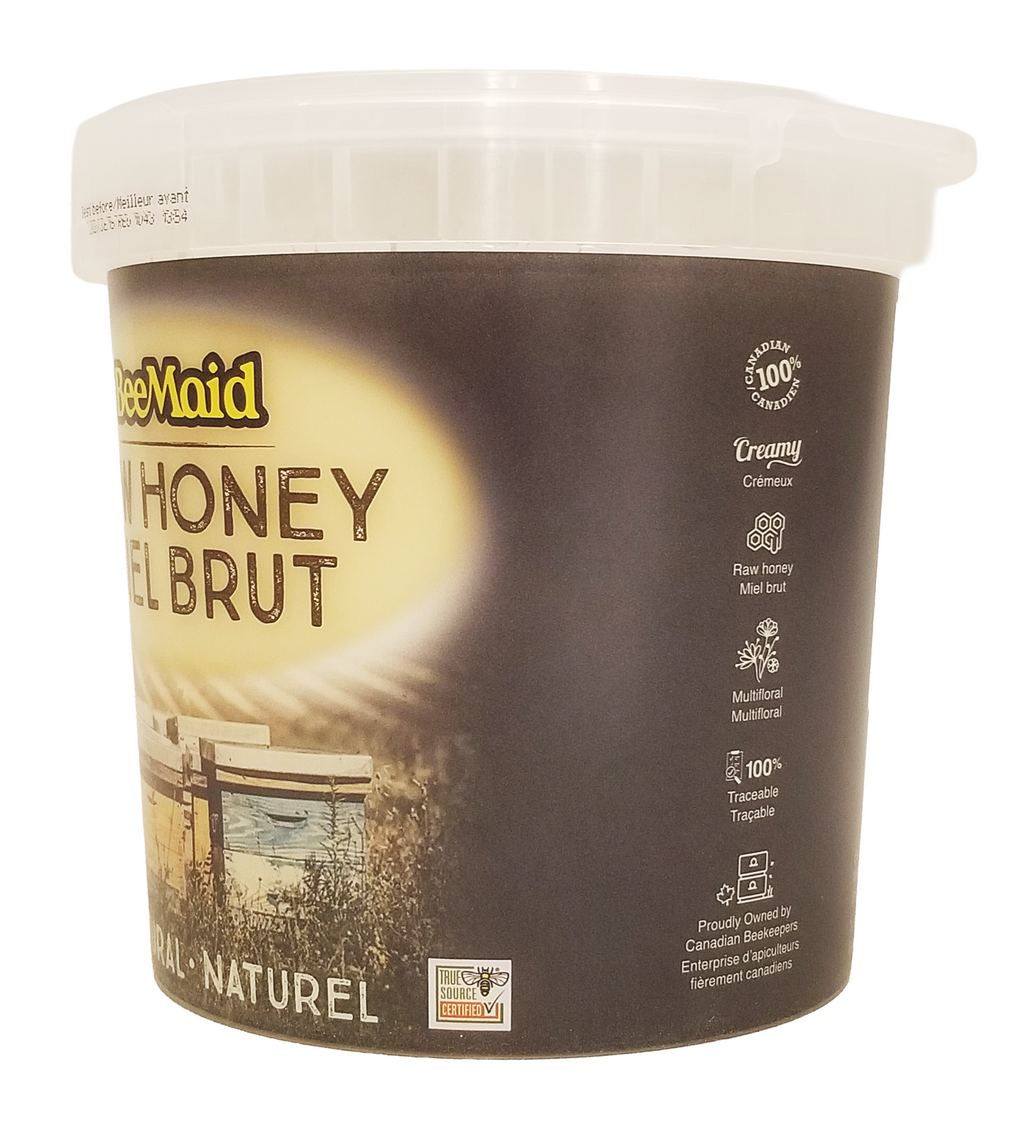 Bee Maid Raw Honey, Natural Creamed Honey - 2kg container with label on a white background