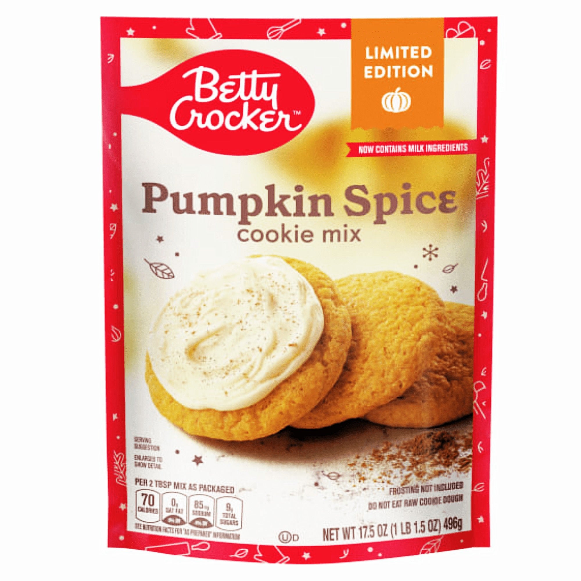 Front of a Betty Crocker Pumpkin Spice Cookie Mix pouch showing the limited-edition label, milk ingredient notice, and 17.5 oz net weight.
