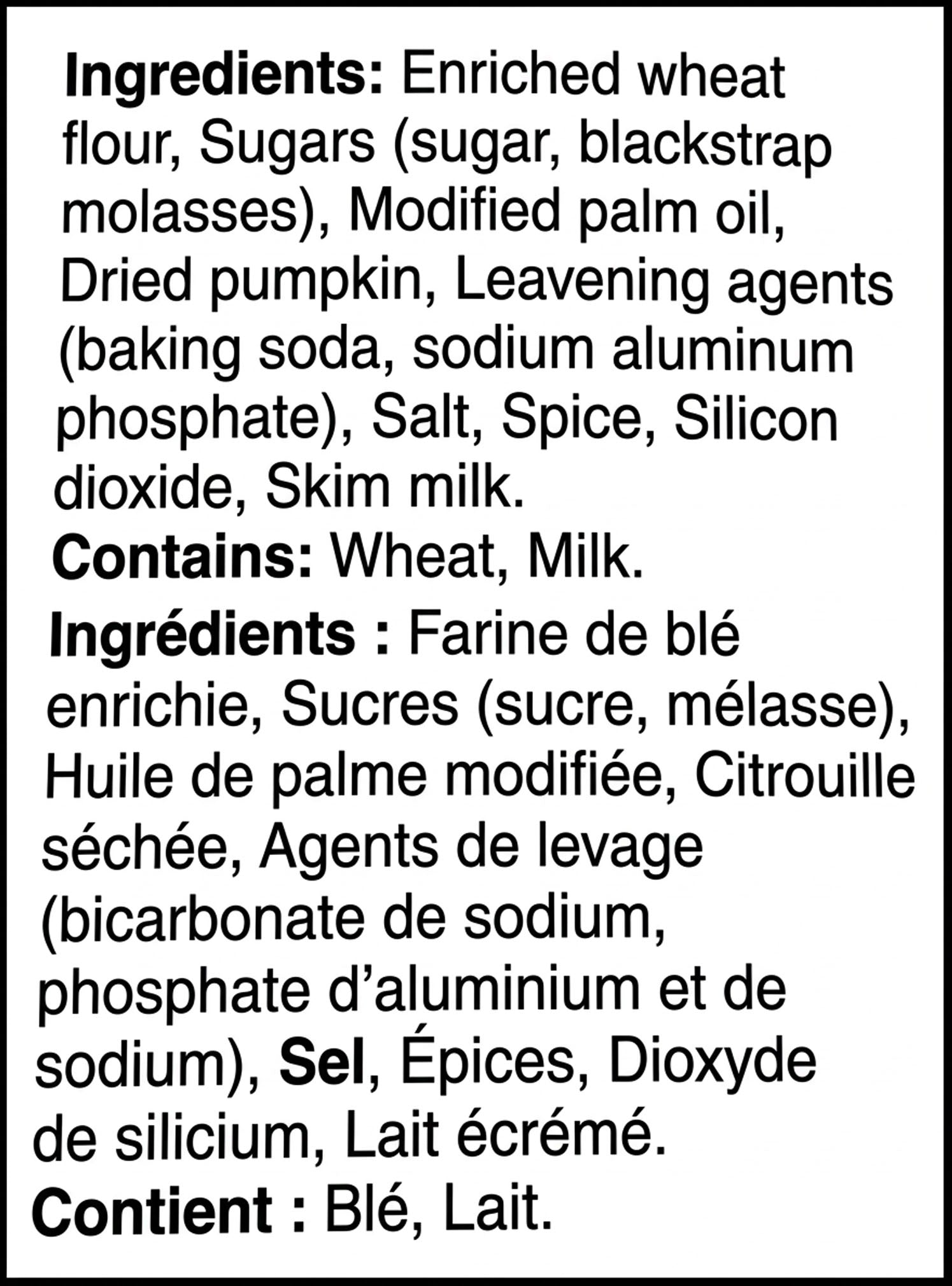 English and French ingredients label for Betty Crocker Pumpkin Spice Cookie Mix, identifying wheat and milk allergens.