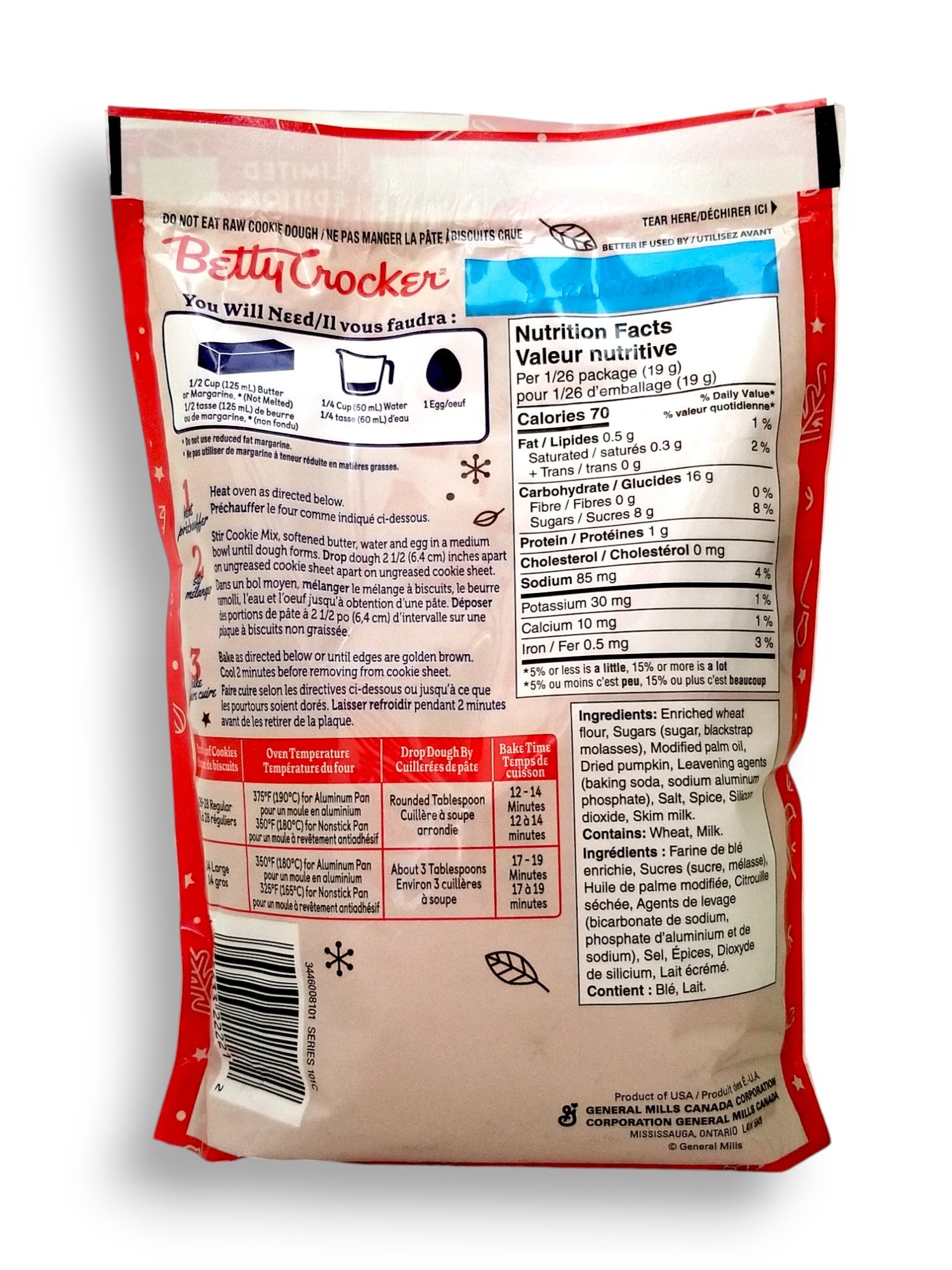 Betty Crocker Pumpkin Spice Cookie Mix, 496g/1.1 lb. oz., back of bag