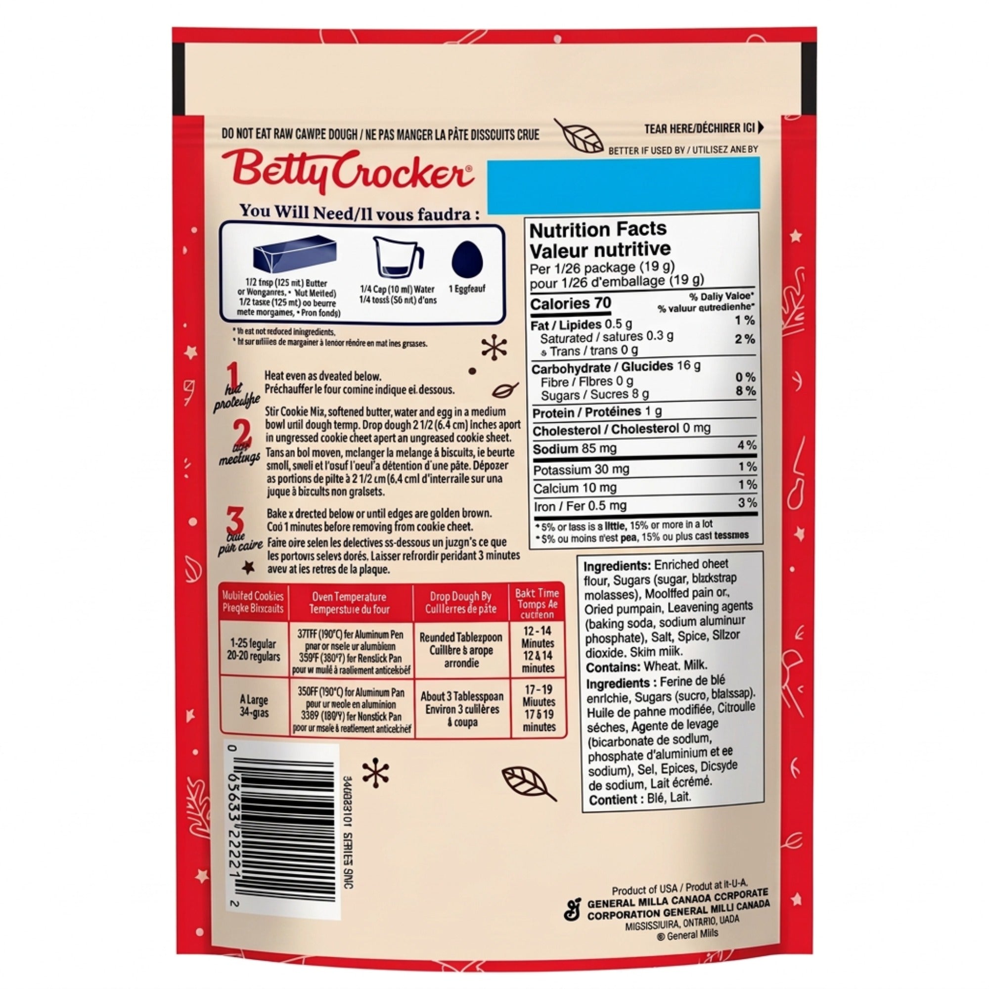 Back of a Betty Crocker Pumpkin Spice Cookie Mix pouch with preparation instructions, ingredients, nutrition information, and barcode.