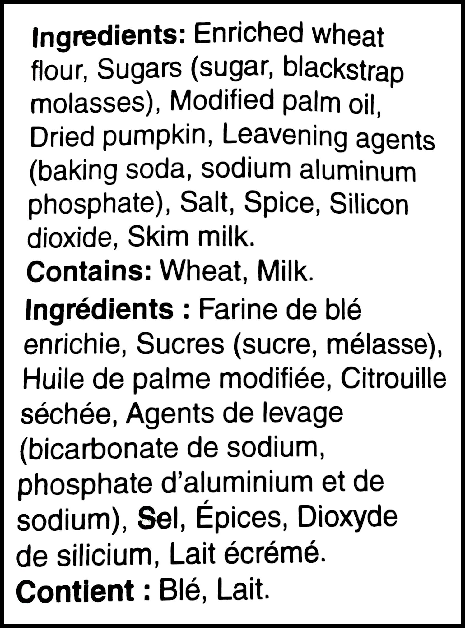 Betty Crocker Pumpkin Spice Cookie Mix, 496g/1.1 lb. oz., ingredients label