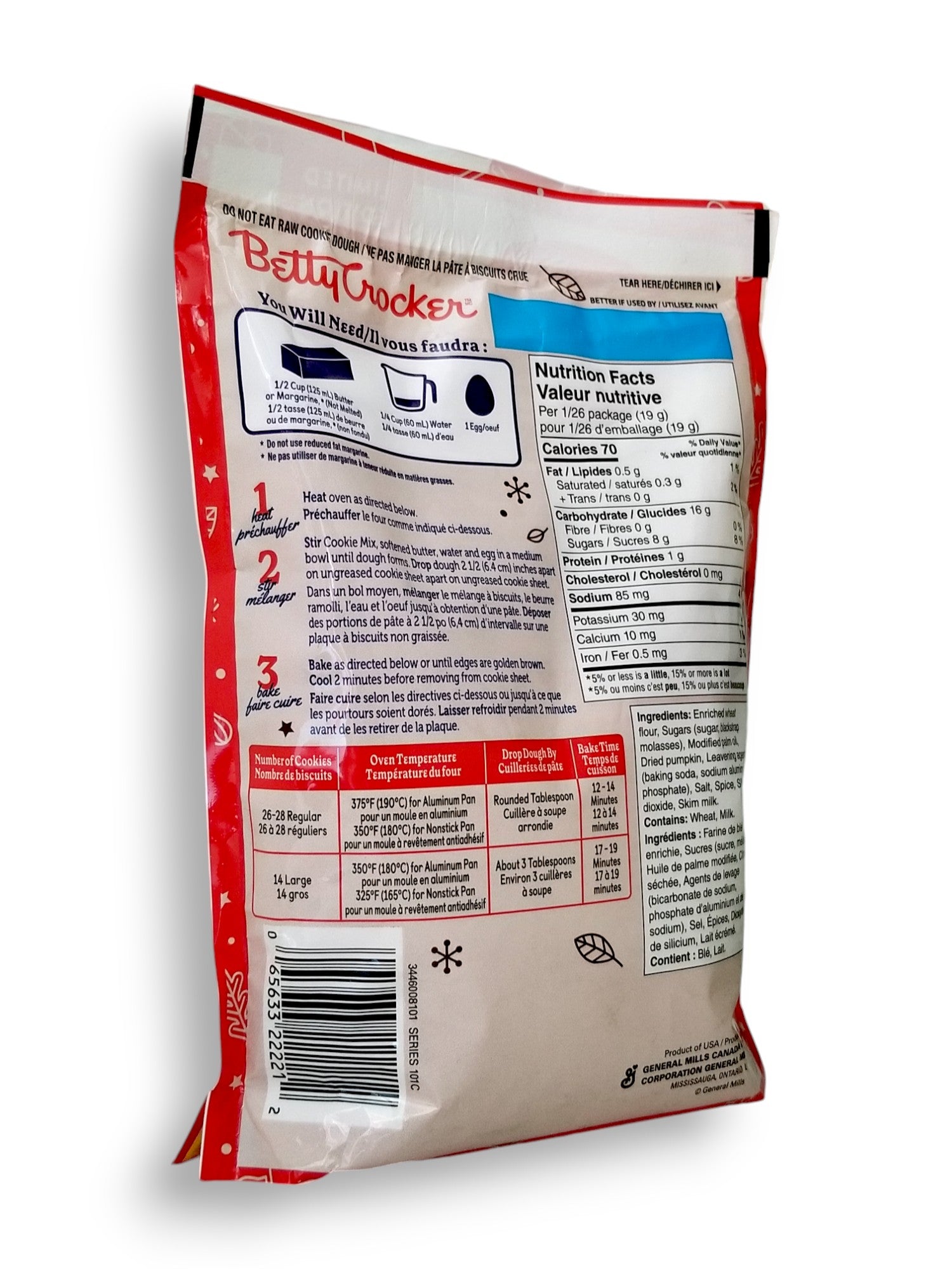 Betty Crocker Pumpkin Spice Cookie Mix, 496g/1.1 lb. oz., side of bag