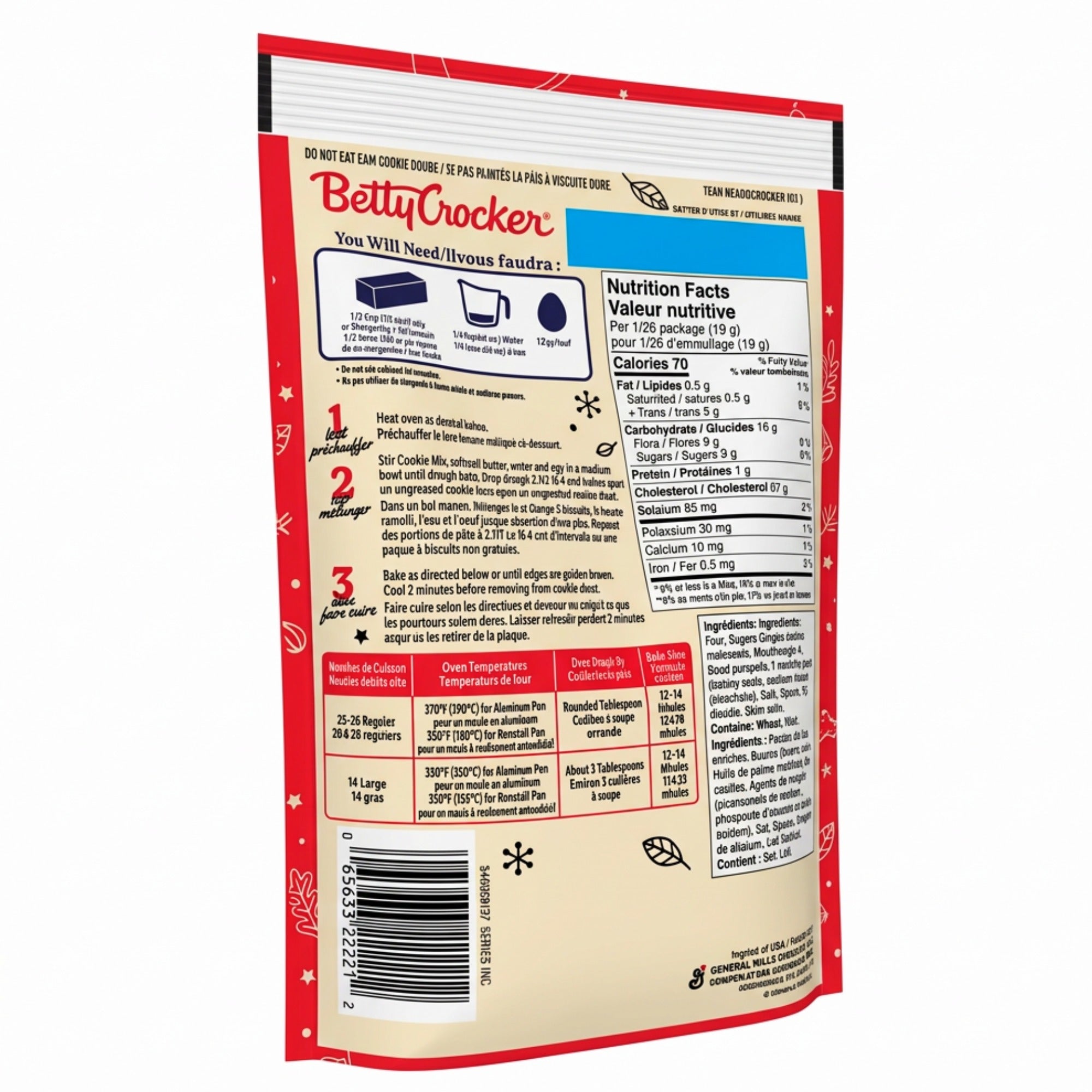 Angled back view of a Betty Crocker Pumpkin Spice Cookie Mix pouch highlighting the UPC barcode and preparation instructions.