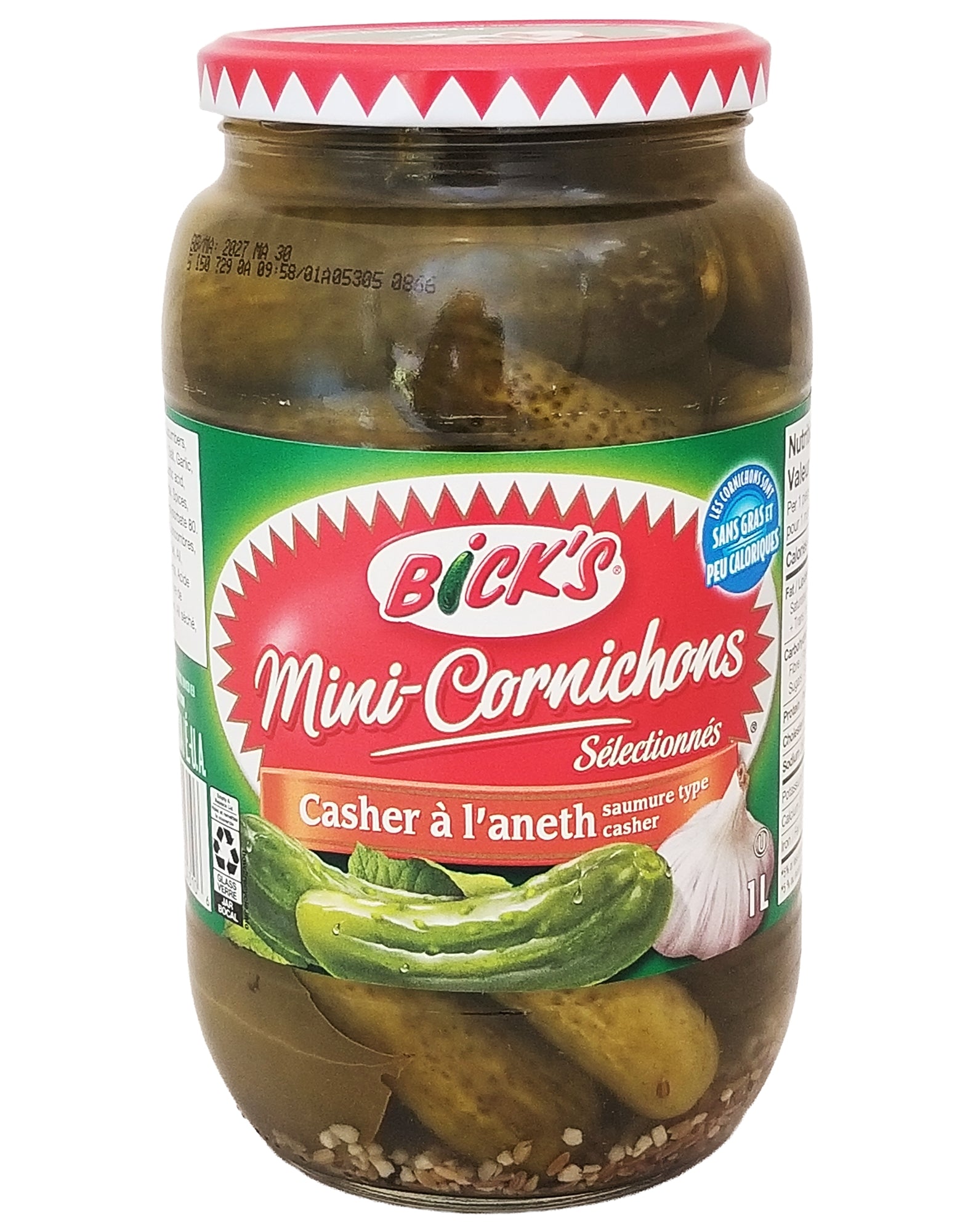 Bick's Premium Baby Dills Pickles Kosher Style 1L – back of jar
