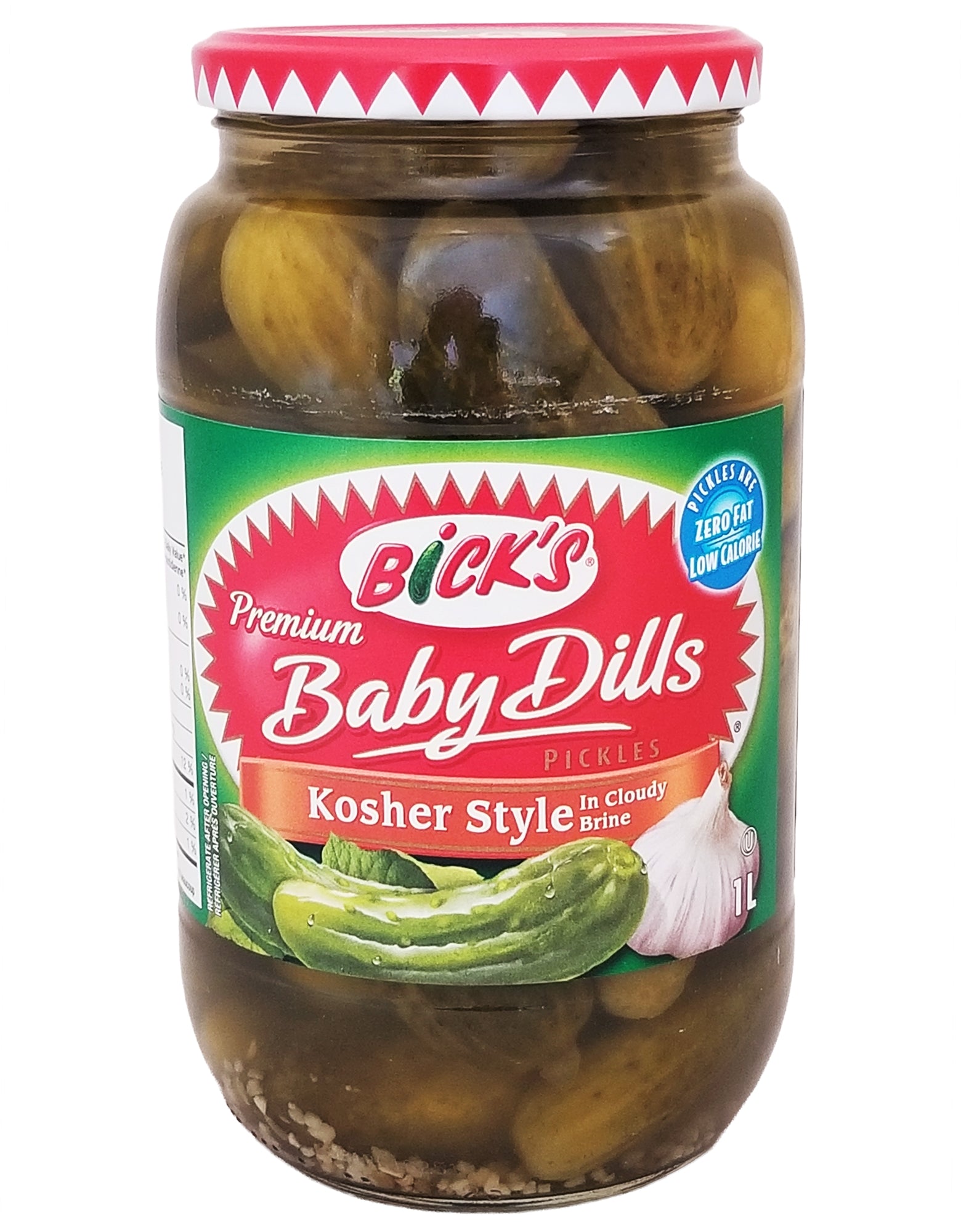 Bick's Premium Baby Dills Pickles Kosher Style 1L – front of jar
