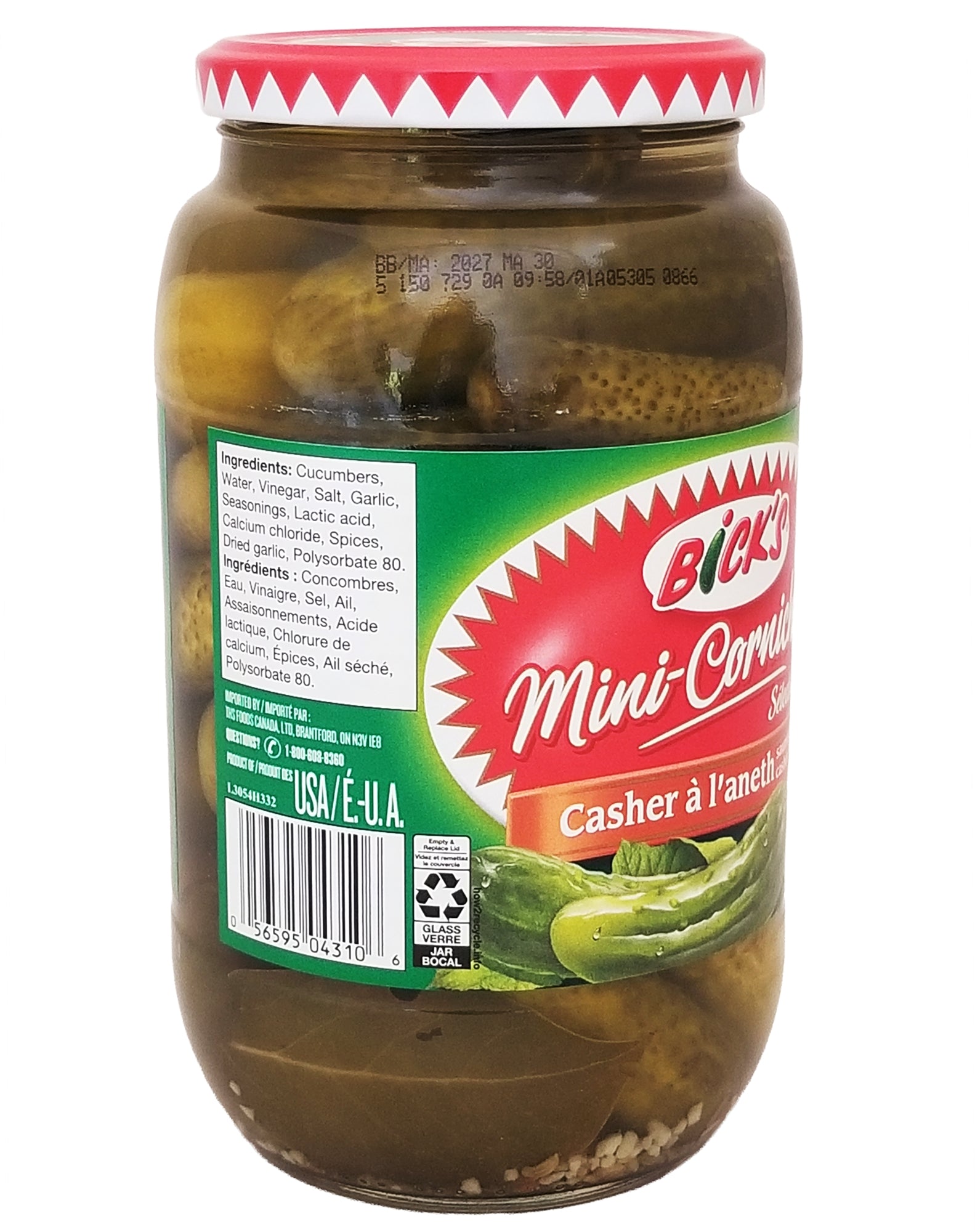 Bick's Premium Baby Dills Pickles Kosher Style 1L – side of jar