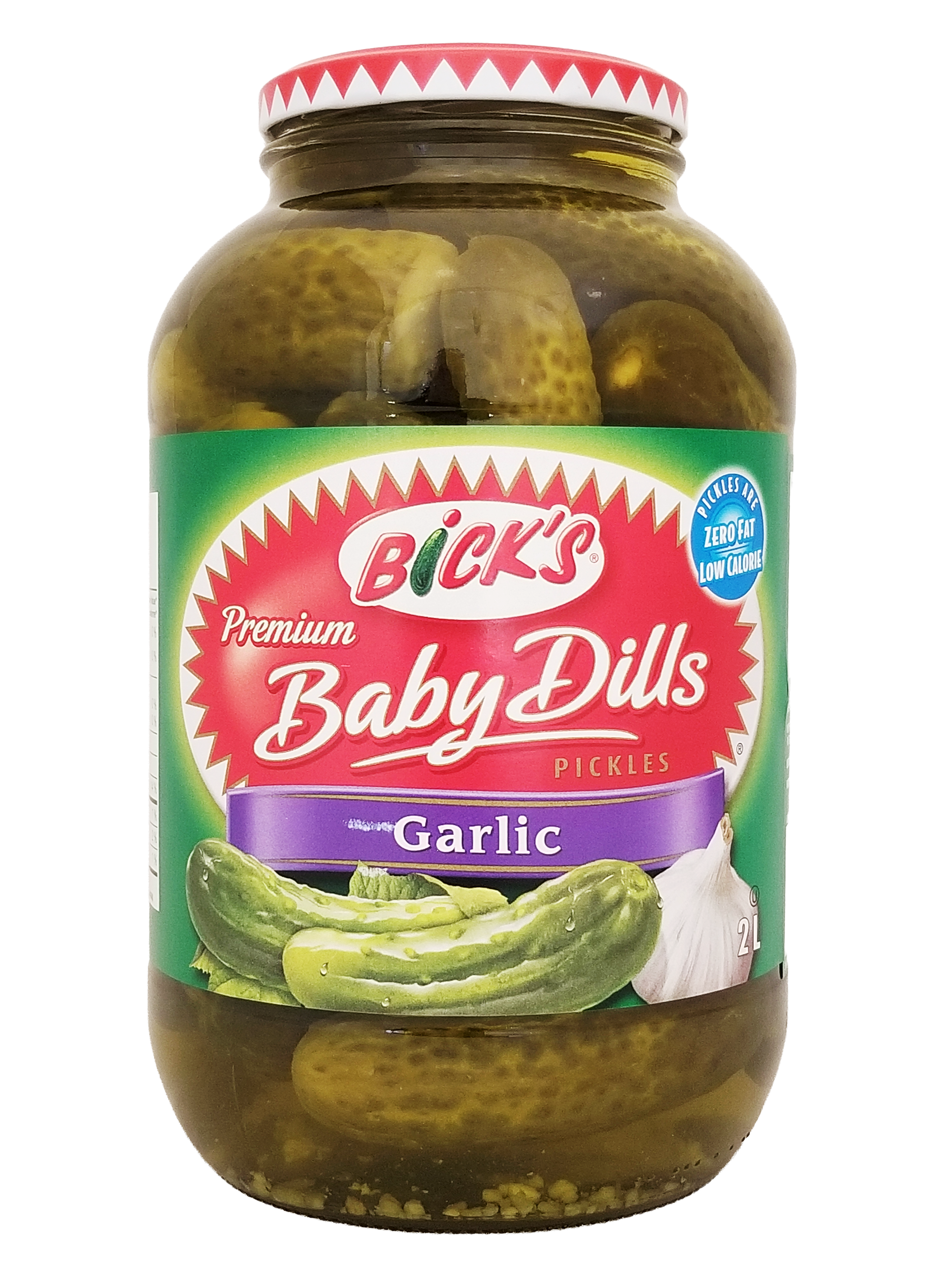 Jar of Bick's Premium Baby Dills Garlic Pickles on a white background