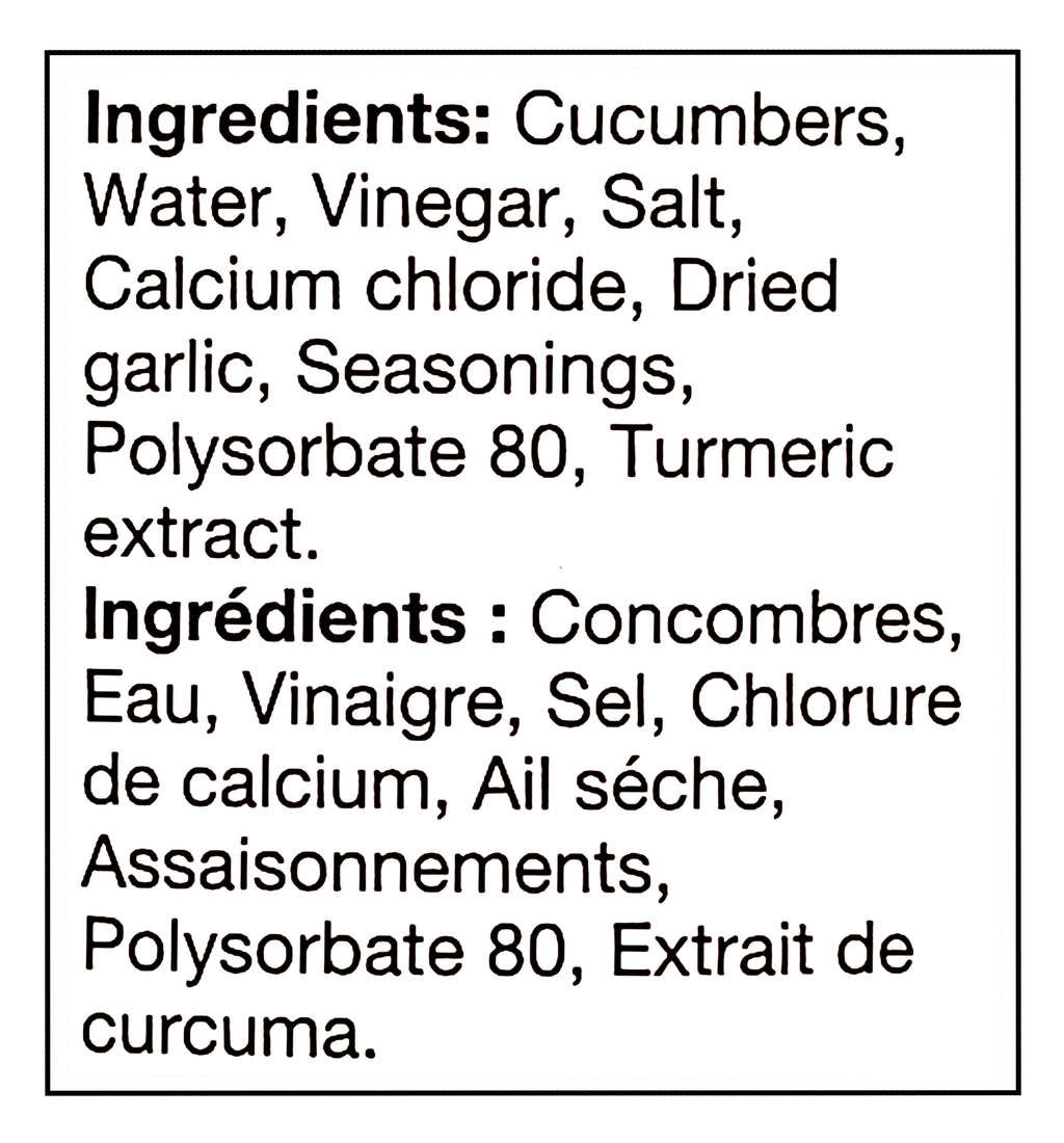 List of ingredients for Bick's Jar Of Premium Garlic Baby Dills Pickles, 2L/70.5 fl oz on a white background