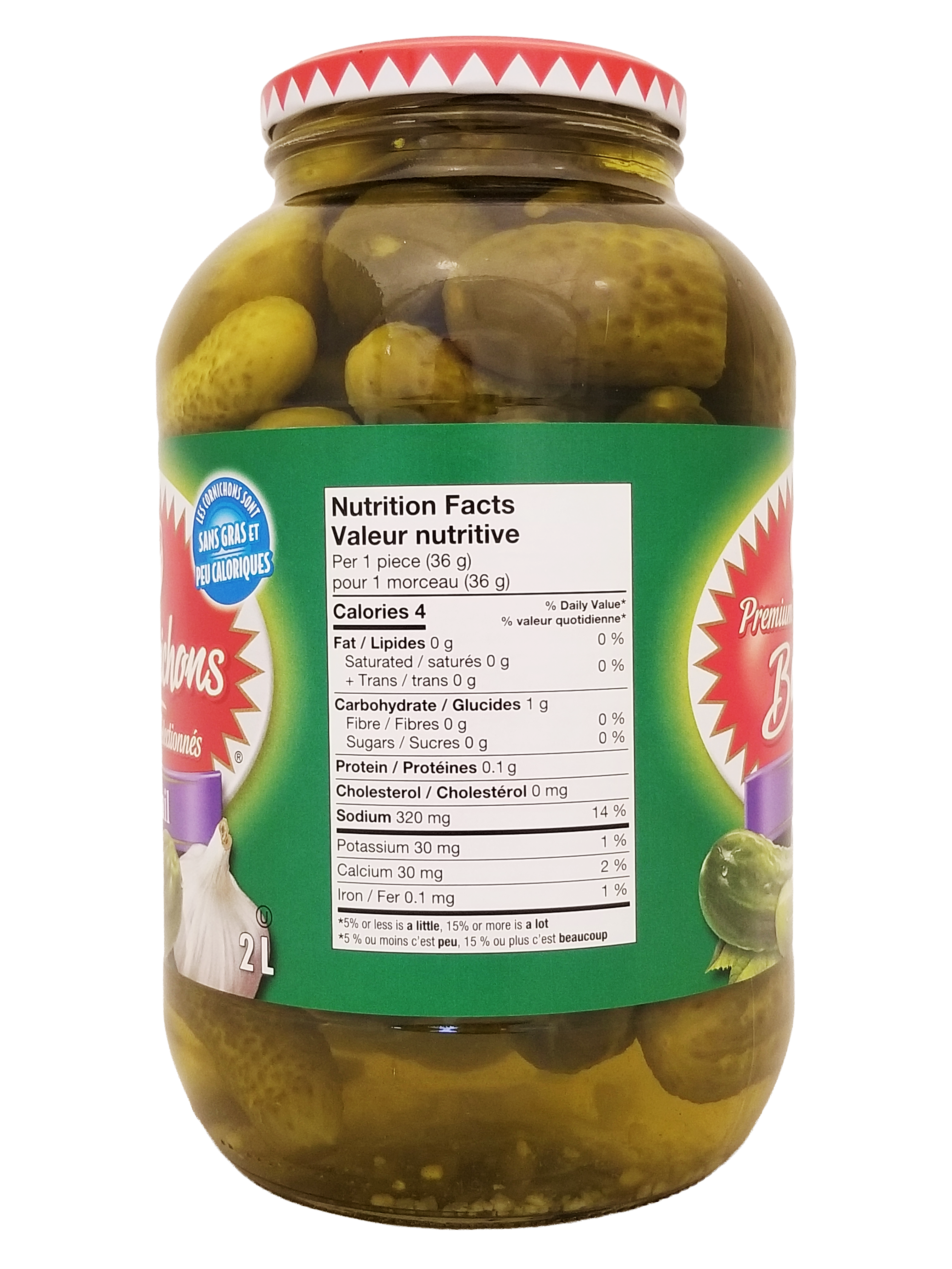 Jar of Bick's Jar Of Premium Garlic Baby Dills Pickles, 2L/70.5 fl oz with a green label and visible nutrition facts.