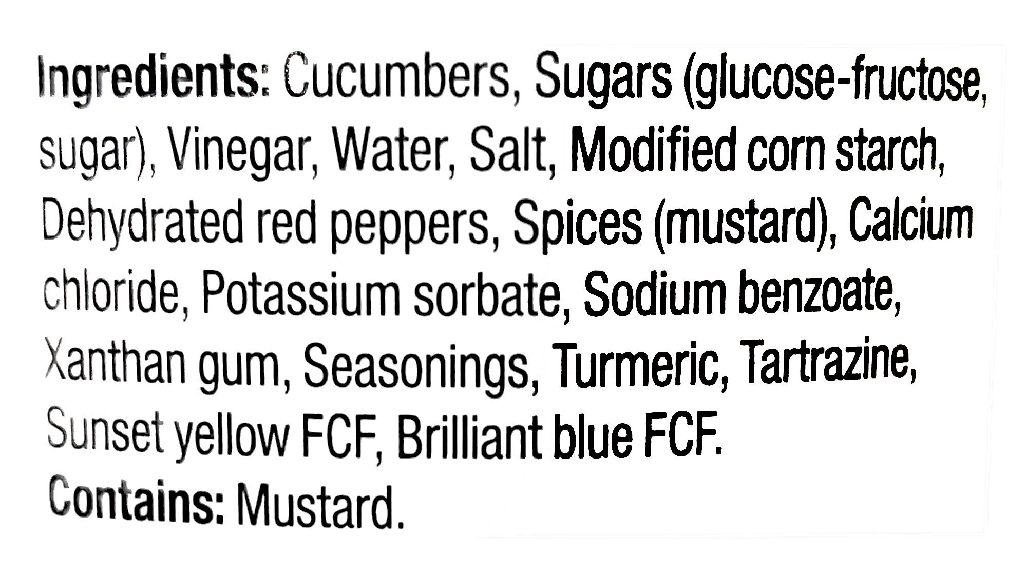 Bicks Sweet Green Relish, 375ml, ingredients label.