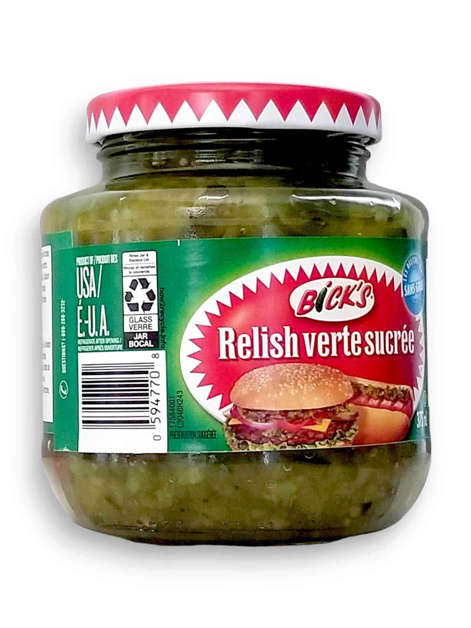 Bicks Sweet Green Relish, 375ml, side of jar.