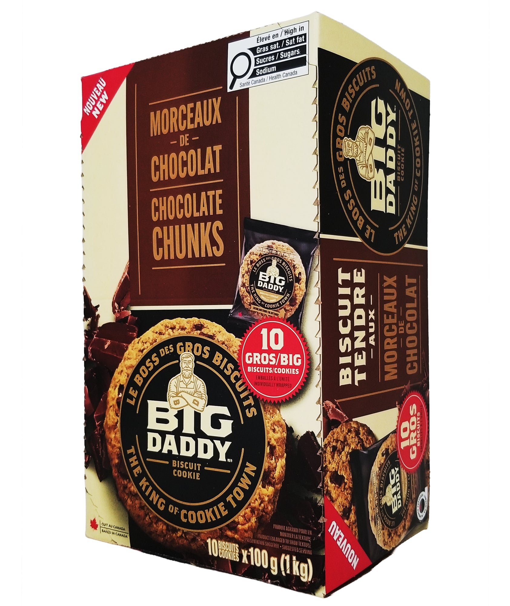 Big Daddy Chocolate Chunk Cookies 1 kg box angled view, soft-baked cookies
