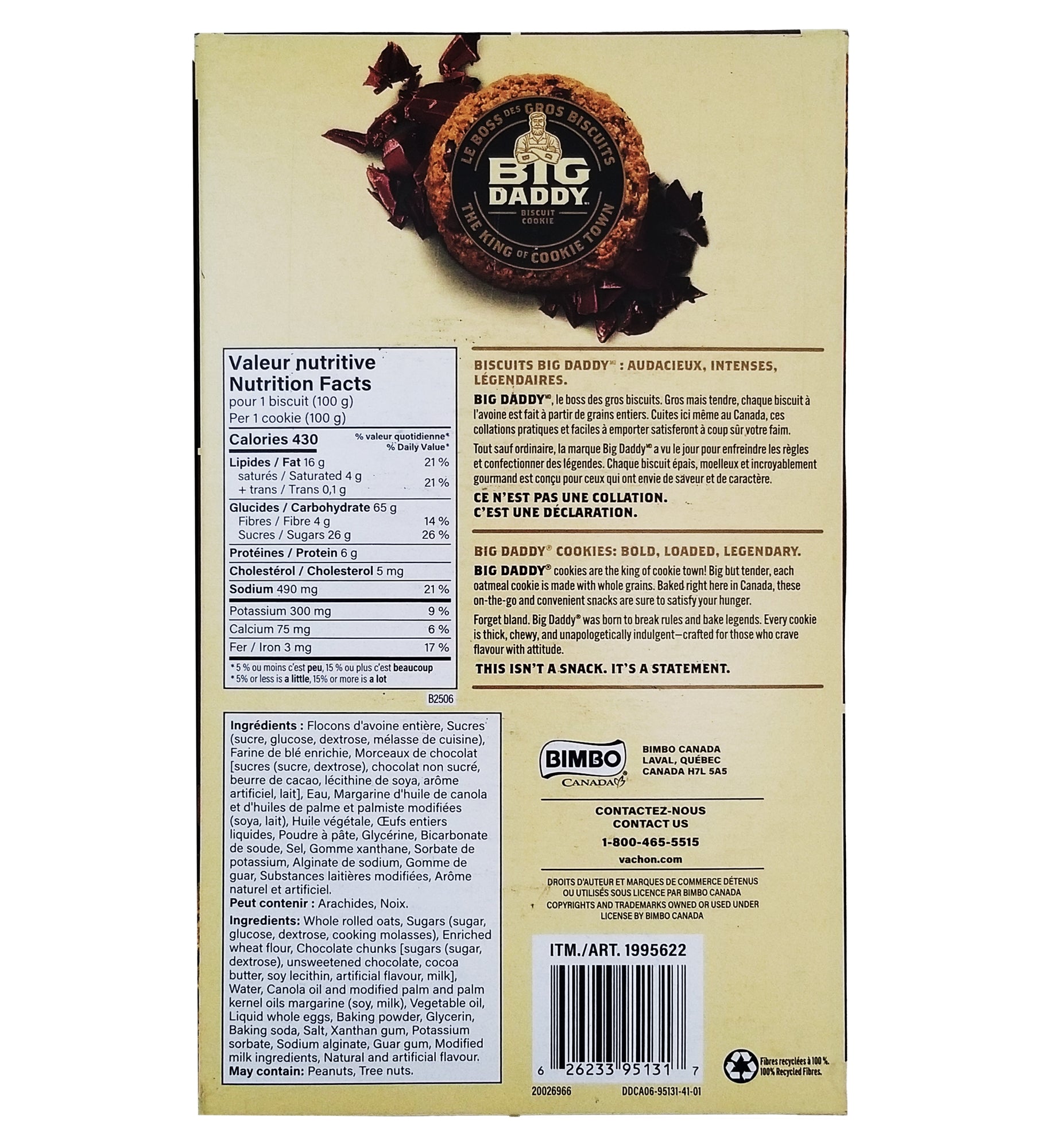 Big Daddy Chocolate Chunk Cookies back of box, 1 kg bulk pack, ingredients and nutrition info