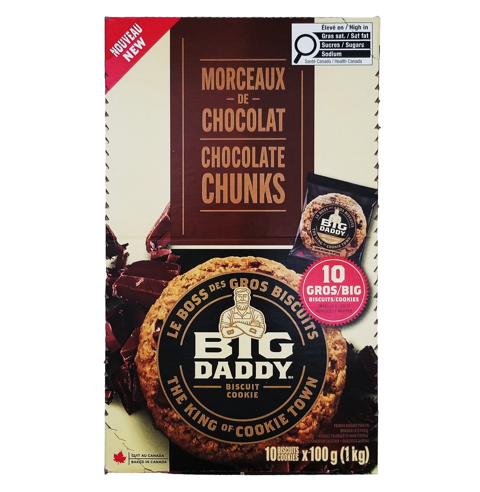 Big Daddy Chocolate Chunk Cookies 1 kg bulk pack front of box, 10 individually wrapped 100 g cookies