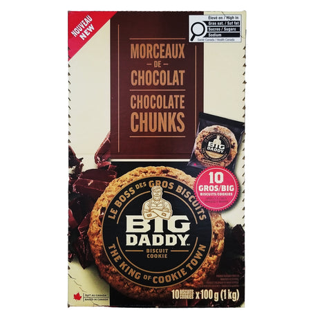 Big Daddy Chocolate Chunk Cookies 1 kg bulk pack front of box, 10 individually wrapped 100 g cookies