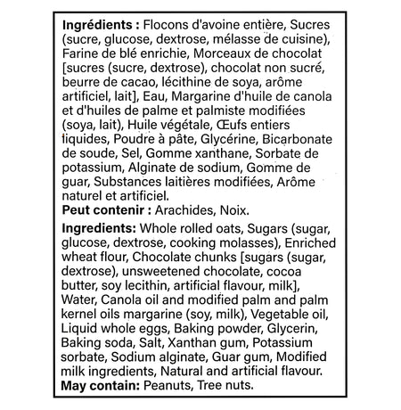 Big Daddy Chocolate Chunk Cookies ingredients label, 1 kg multipack, Canadian cookie