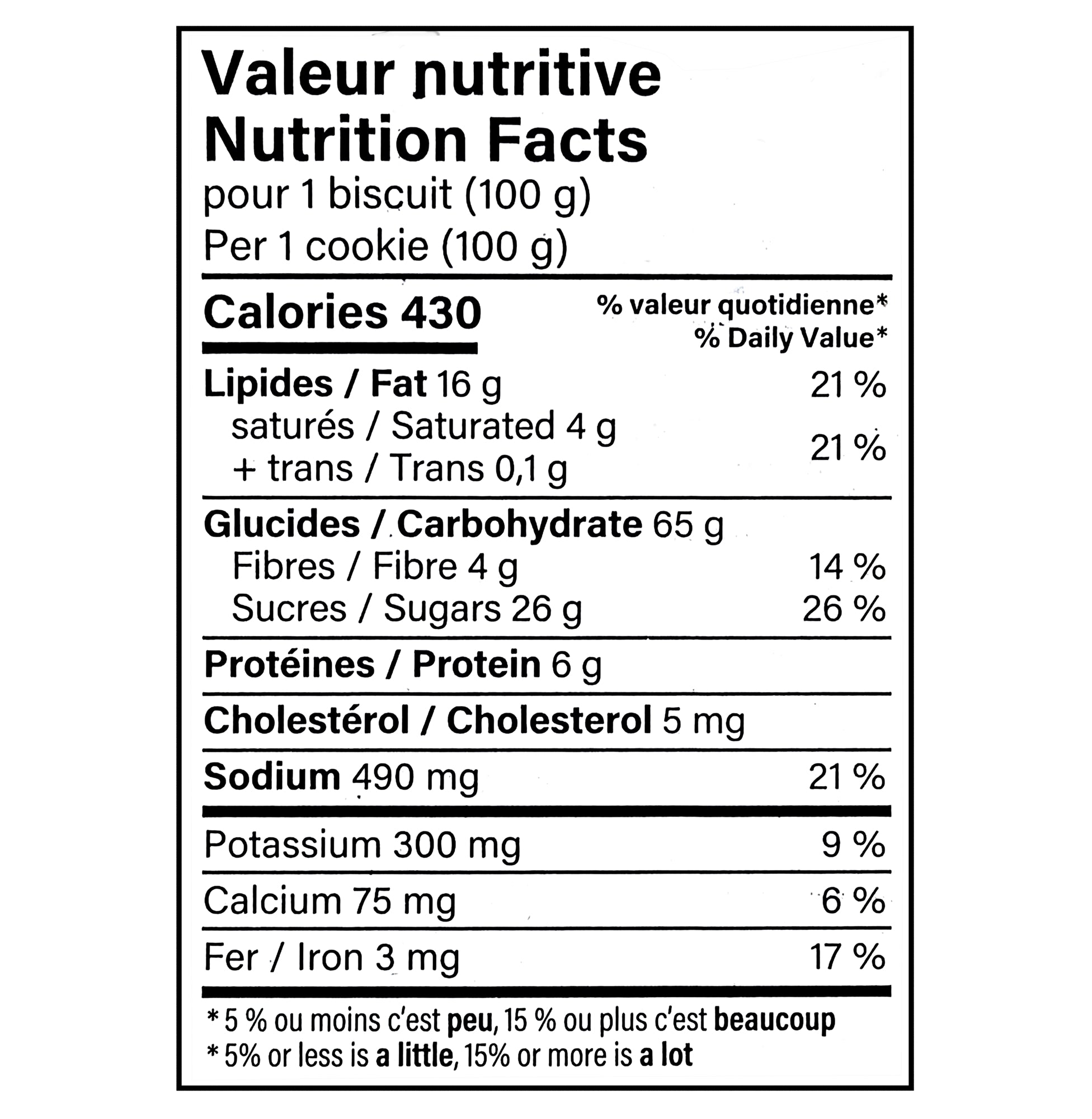 Big Daddy Chocolate Chunk Cookies nutrition facts panel, 100 g serving size, 1 kg bulk pack