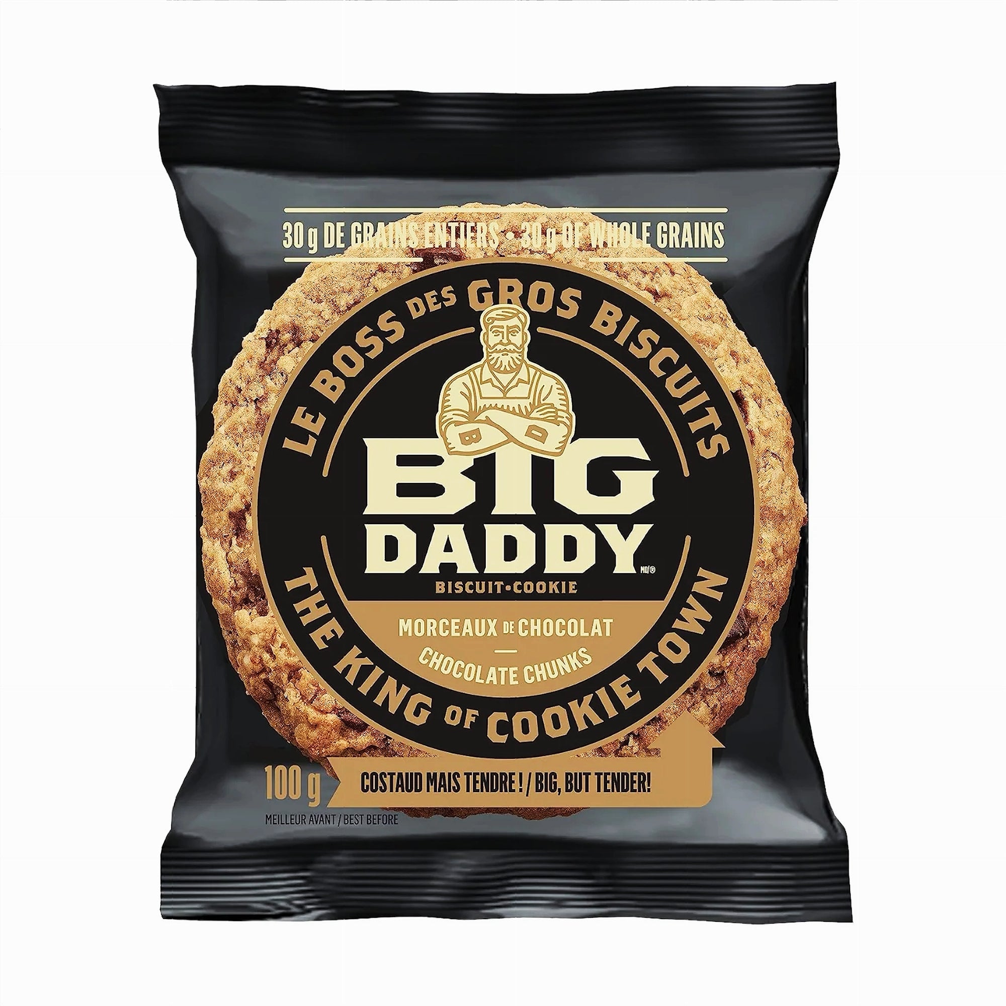 Big Daddy soft-baked chocolate chunk cookie unwrapped, close-up showing rich chocolate chunks