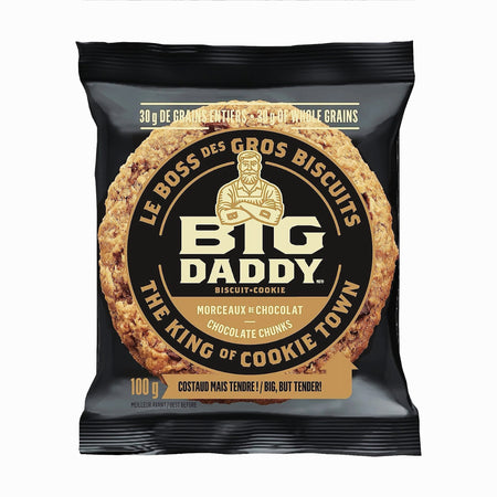 Big Daddy soft-baked chocolate chunk cookie unwrapped, close-up showing rich chocolate chunks