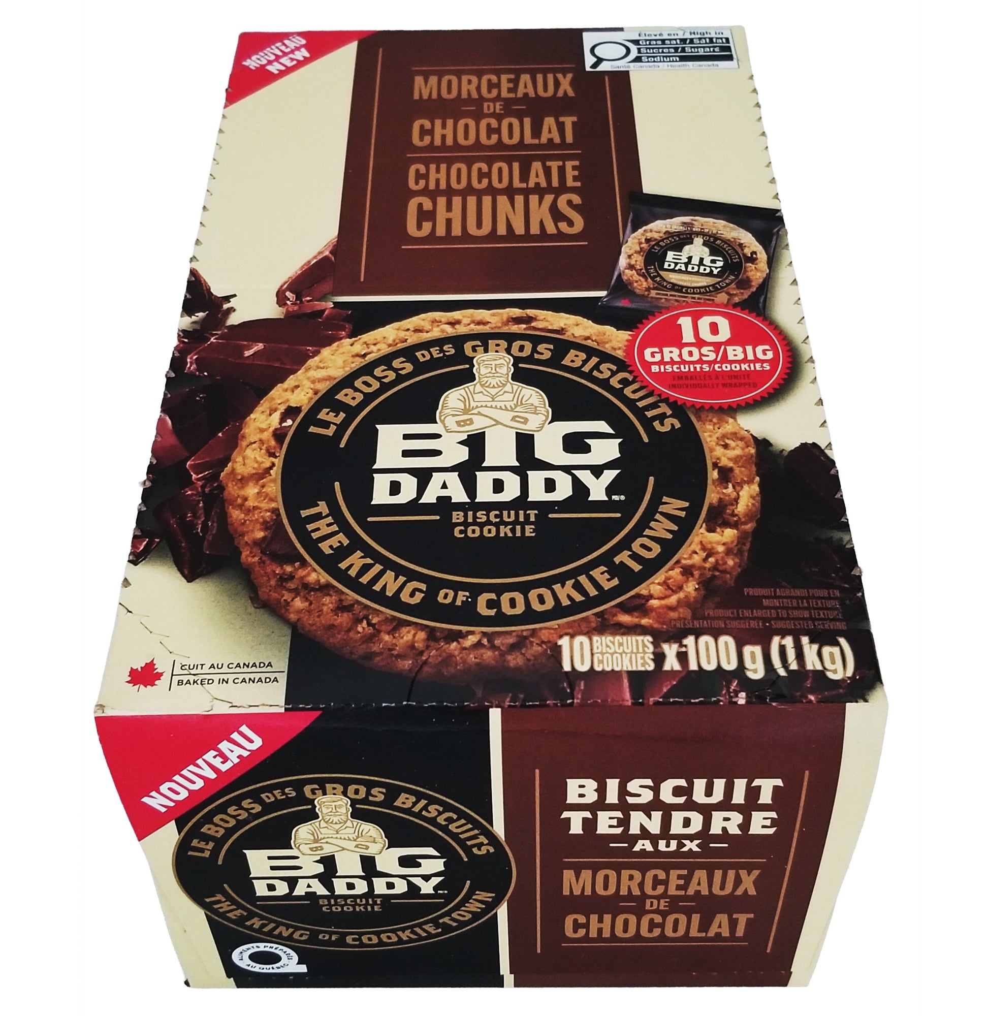 Big Daddy Chocolate Chunk Cookies 1 kg box top view, 10-count individually wrapped cookie multipack