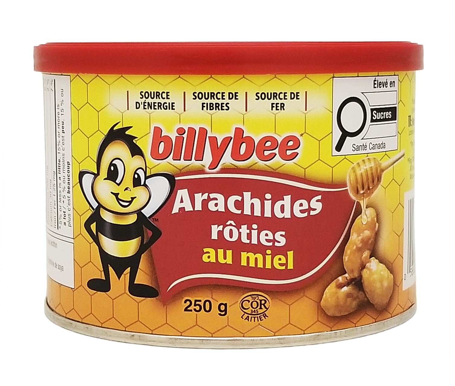 Can of Billy Bee Honey Roasted Gourmet Peanuts with honey on a white background