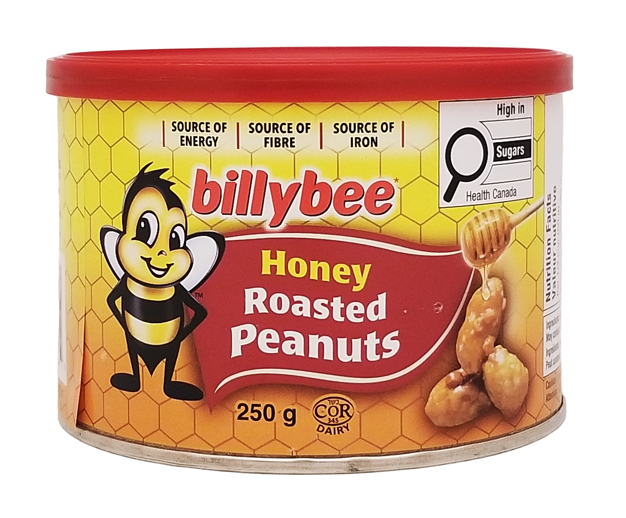 Can of Billy Bee Honey Roasted Gourmet Peanuts 250g with a cartoon bee on a yellow background