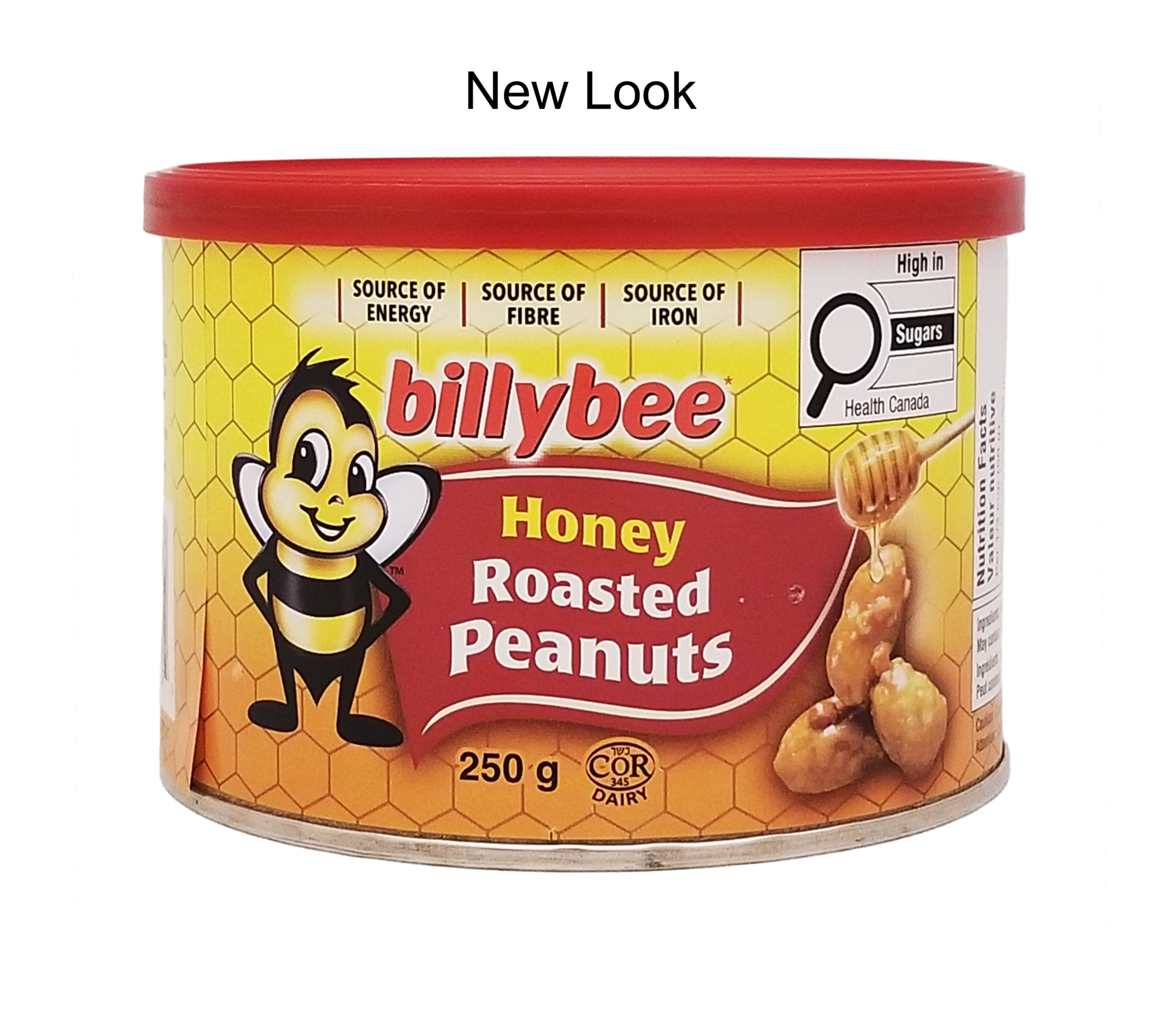 Can of Billy Bee Honey Roasted Gourmet Peanuts with a red lid on a white background