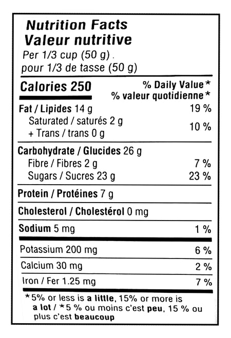 Nutrition facts label for Billy Bee Honey Roasted Gourmet Peanuts showing calories, fat, carbohydrates, and other nutrients per serving.