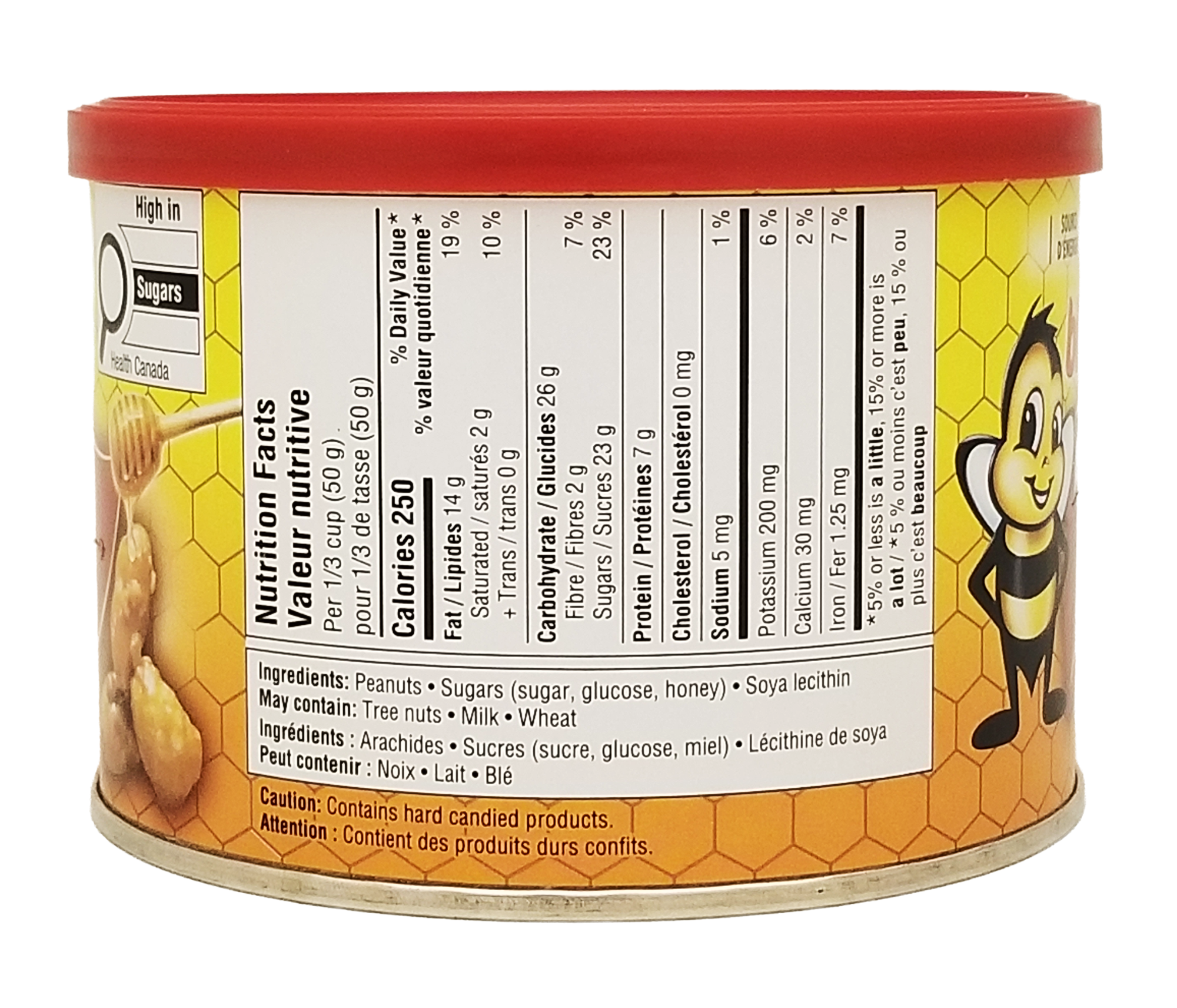 Can of Billy Bee Honey Roasted Gourmet Peanuts with nutrition label and cartoon bee on a white background