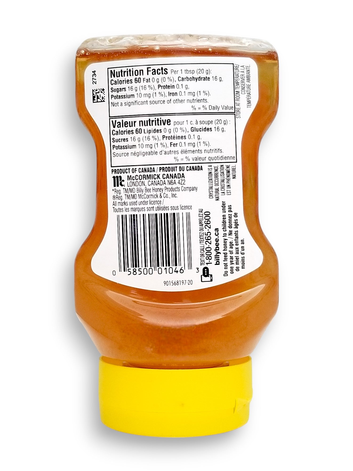 Billy Bee Pure Natural Unpasteurized Liquid Honey, 375g/13.2 oz., Squeeze Bottle, back of bottle.